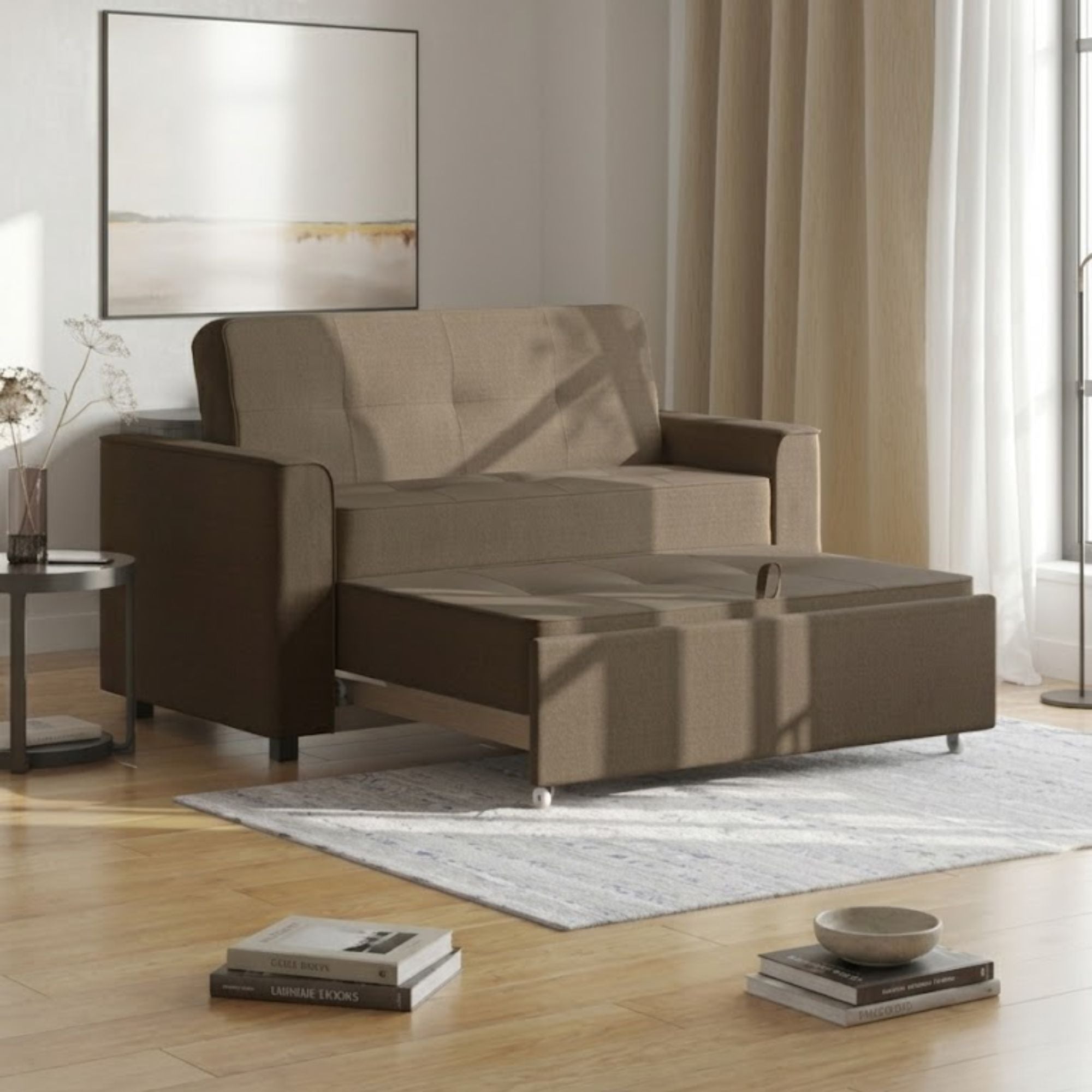 Brown Canadian-made sofa sleeper from Titus Furniture featuring a sectional design with plush cushions and a fold-out bed.