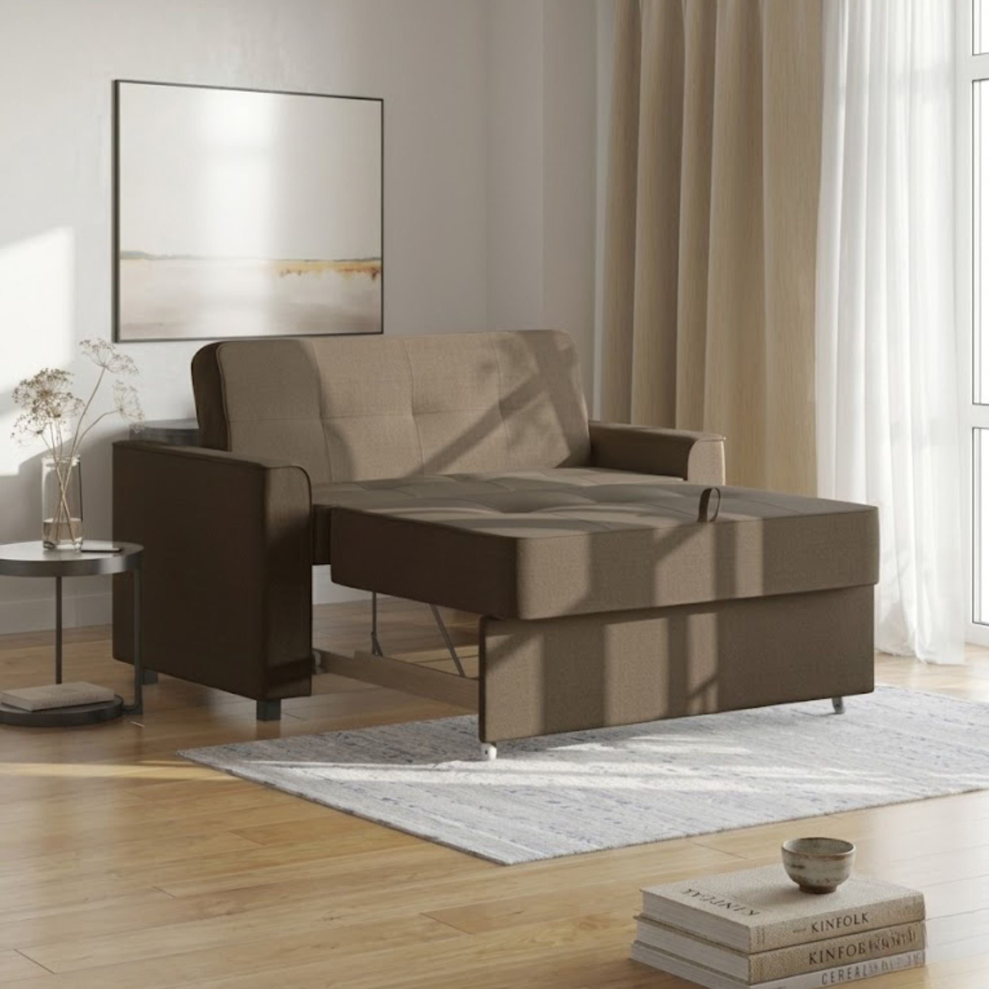 Brown Canadian-made sofa sleeper sectional by Titus Furniture with plush cushions and fold-out bed feature.