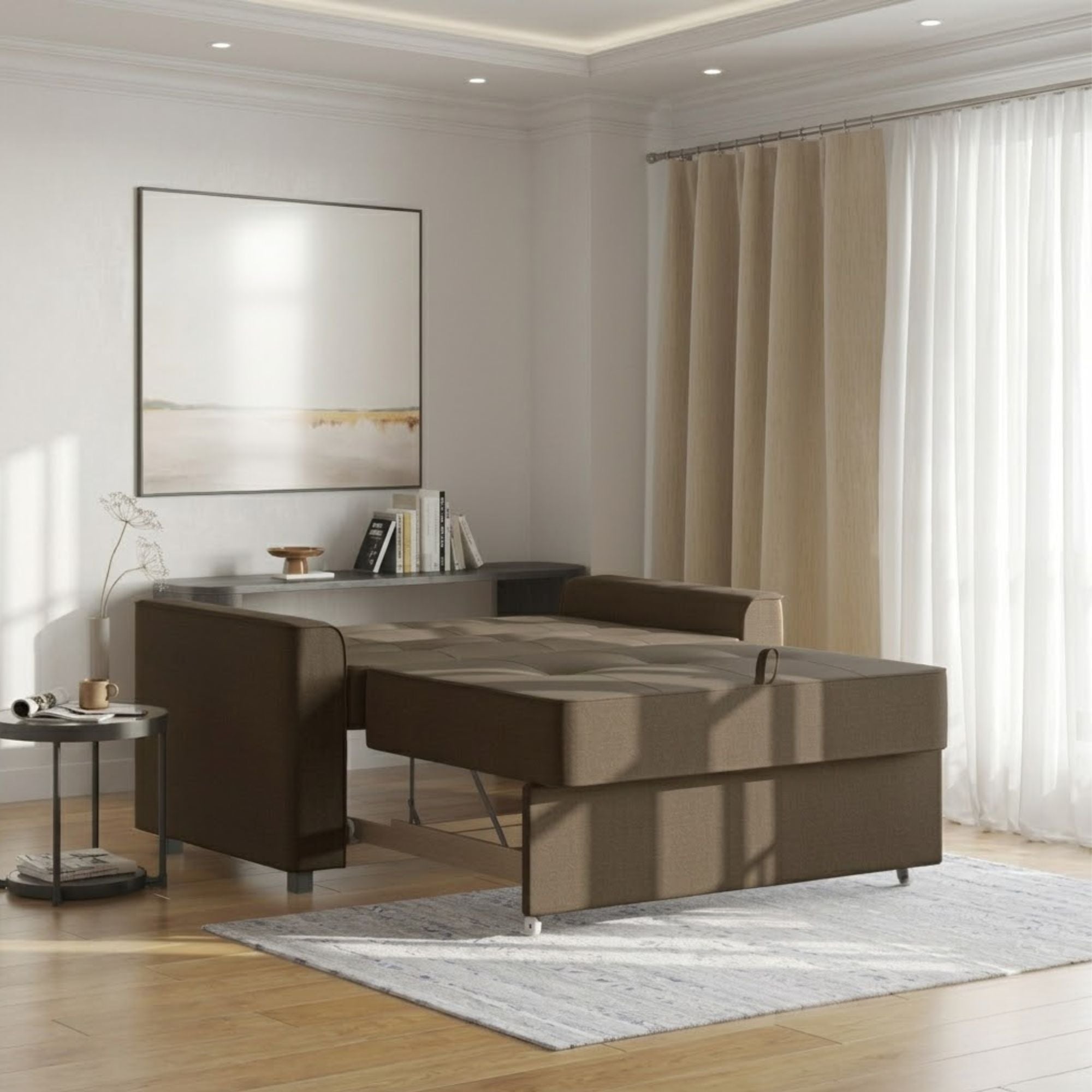 Brown Canadian-made Titus Furniture sectional sofa sleeper with fold-out bed, modern design, and plush upholstery.