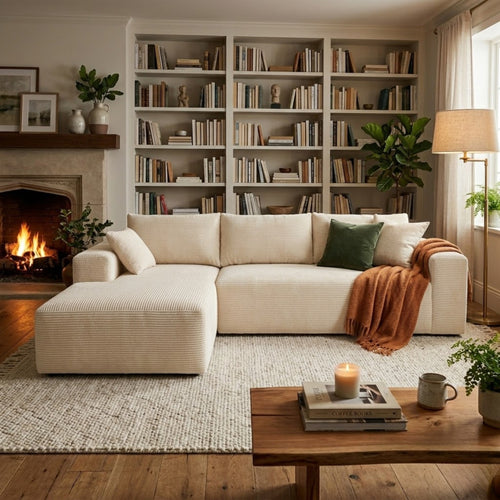 Beige corduroy cloud sectional sofa with deep seat from Taste Living, showcasing plush cushions and modern design.