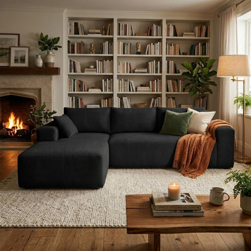 Black corduroy sectional sofa with deep seating from Taste Living, featuring a cloud-inspired design and plush cushions.