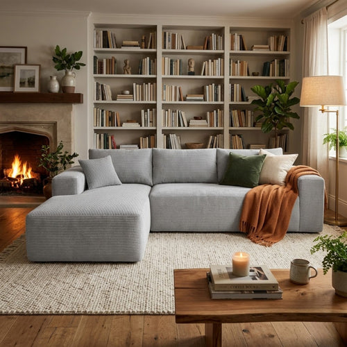 Gray corduroy sectional sofa with deep seats, part of the Taste Living Cloud Compression Collection.