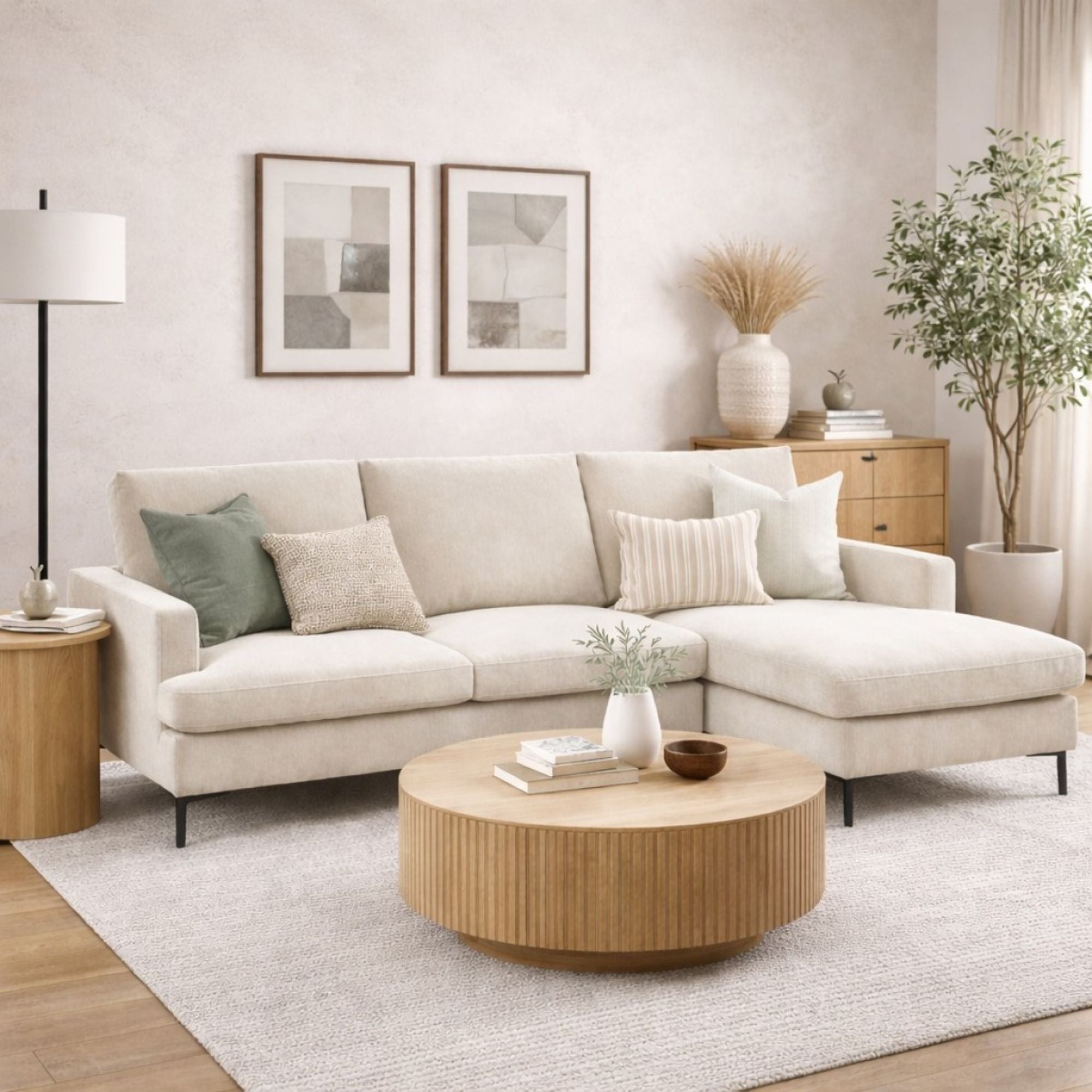 Beige Brassex RHF sectional sofa with plush cushions and modern design, perfect for contemporary living rooms.