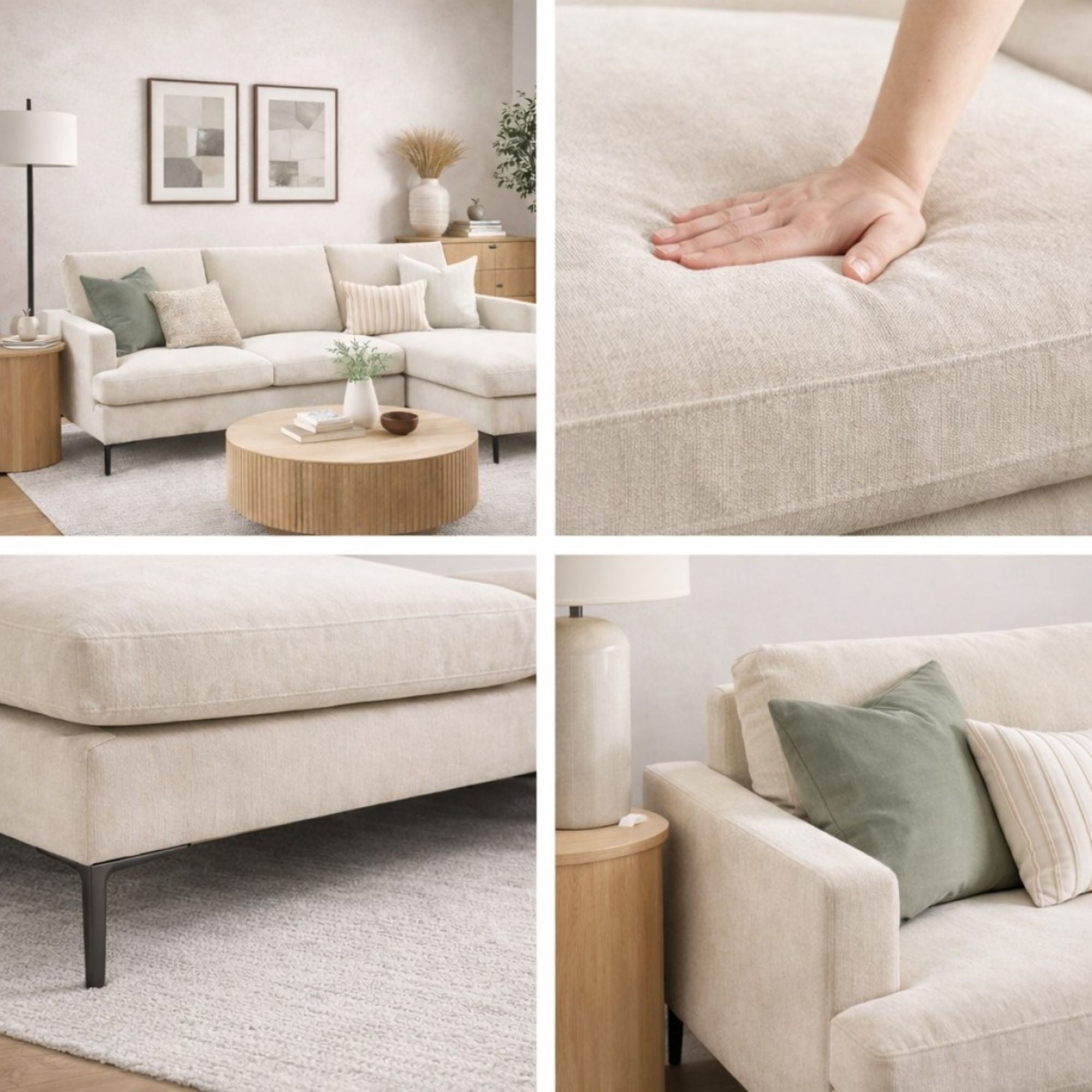 Beige Brassex sectional sofa with multiple seating sections and plush cushions, ideal for modern living room decor.
