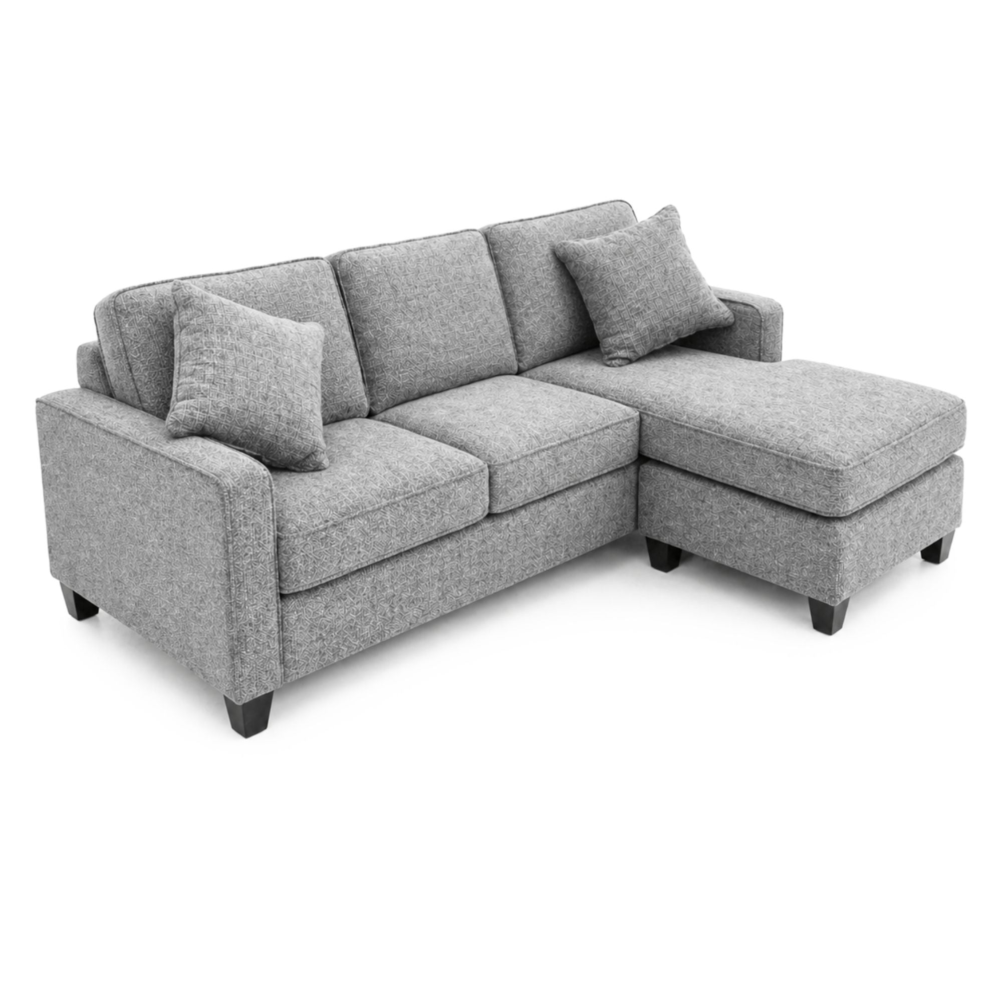 Canadian-made reversible sectional sofa with chaise and ottoman in snow grey fabric by A.C.