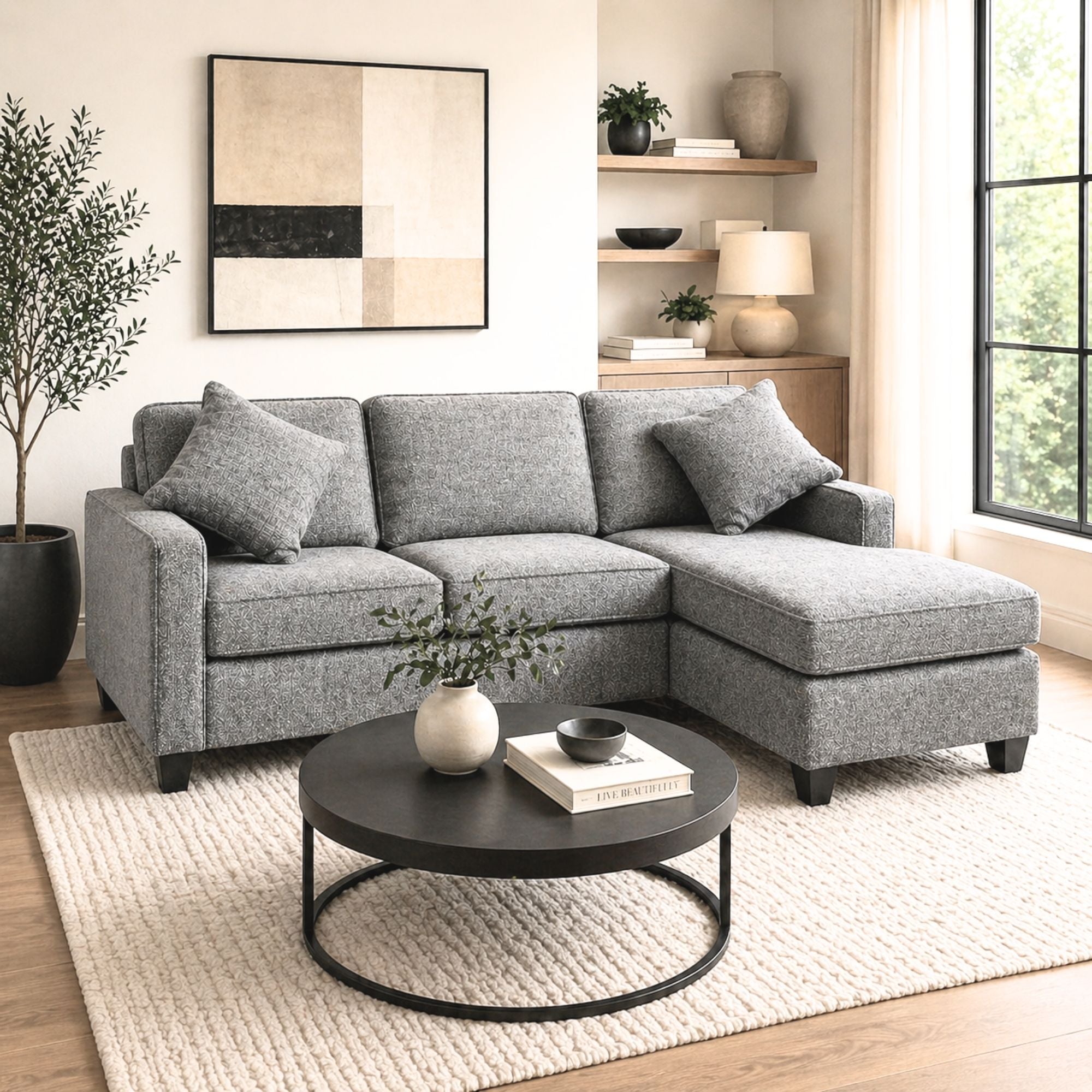 Canadian made A.C. reversible sectional sofa with chaise and ottoman in snow grey fabric, shown in a modern living room setting.