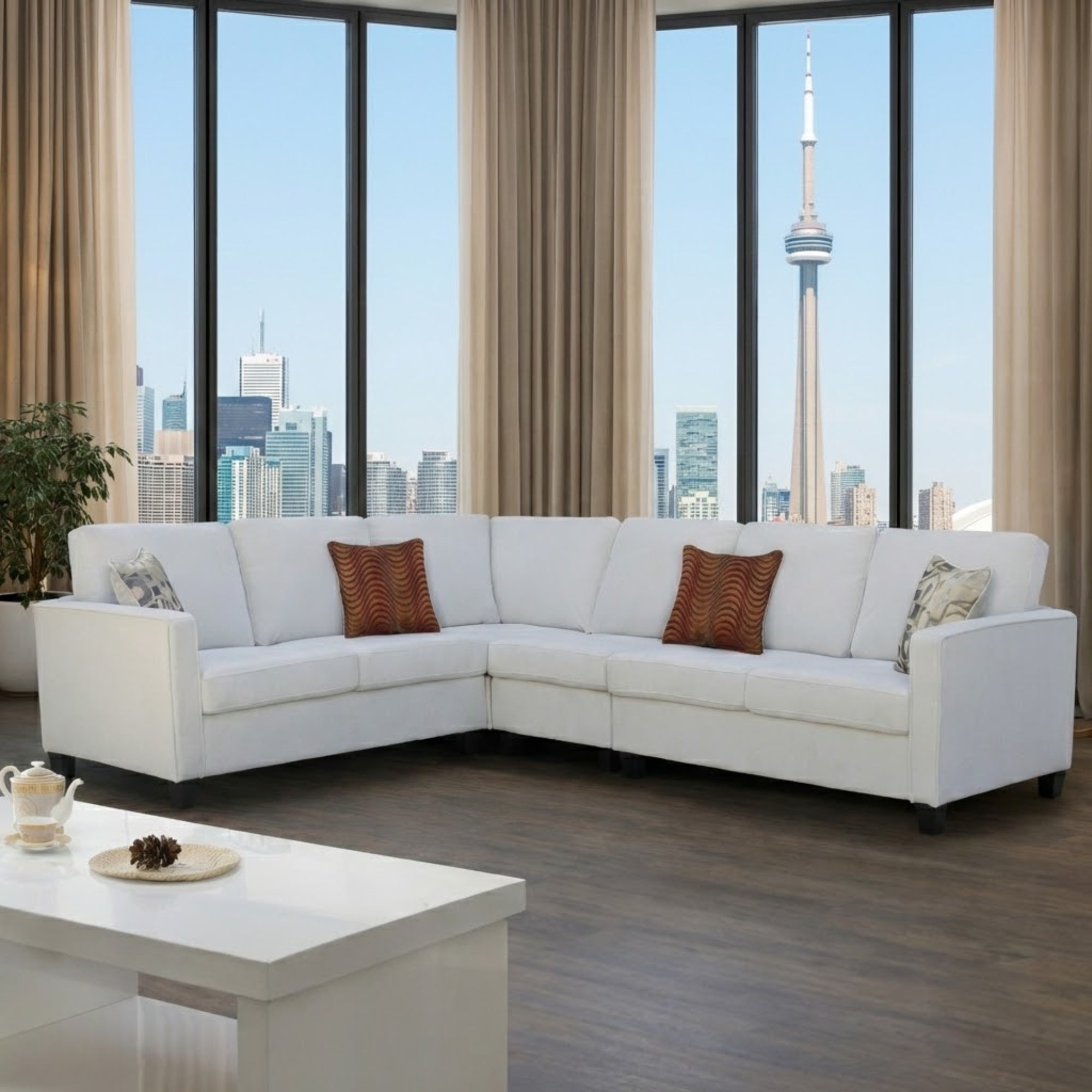 Reversible T.T.F sectional sofa in off-white fabric with plush cushions and modern design, shown in a home living room setting.