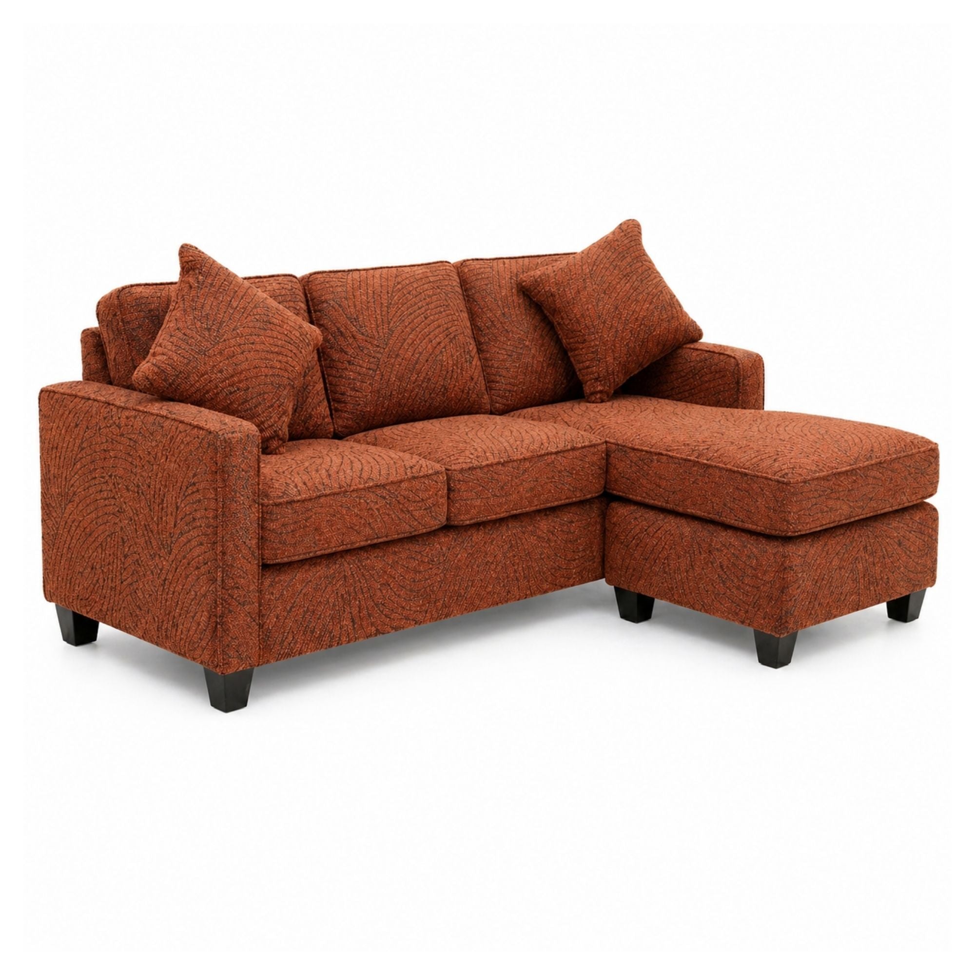 A.C. Canadian made reversible sectional sofa with chaise and ottoman in vibrant orange fabric, showcasing plush cushions and modern design.