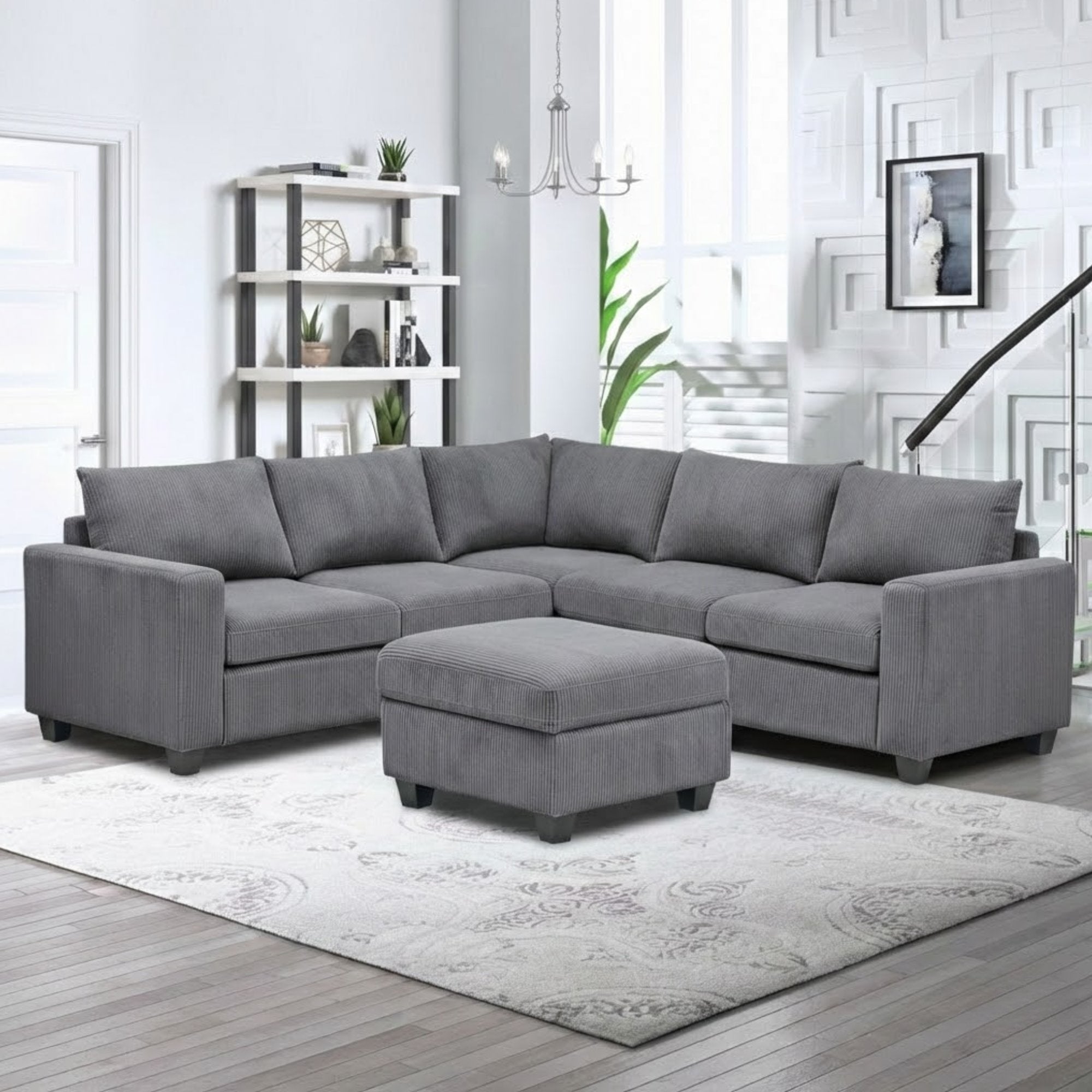 T.T.F Mira Everyday Grey Sectional Sofa with plush cushions and modern design, showcasing a spacious, comfortable seating arrangement.