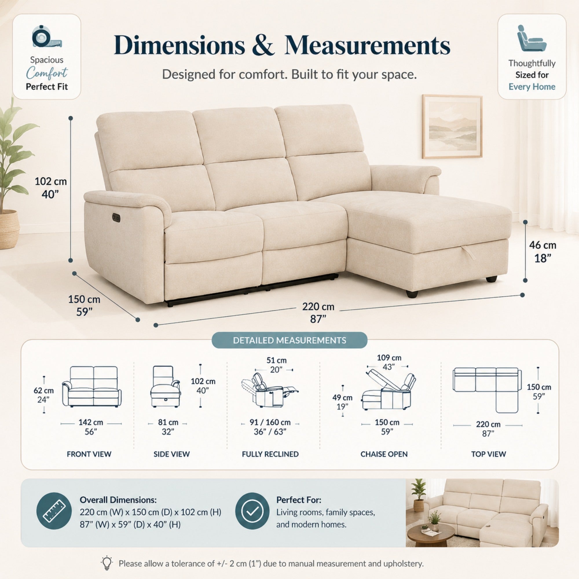 Power Reclining Sectional with Storage Chaise in Beige