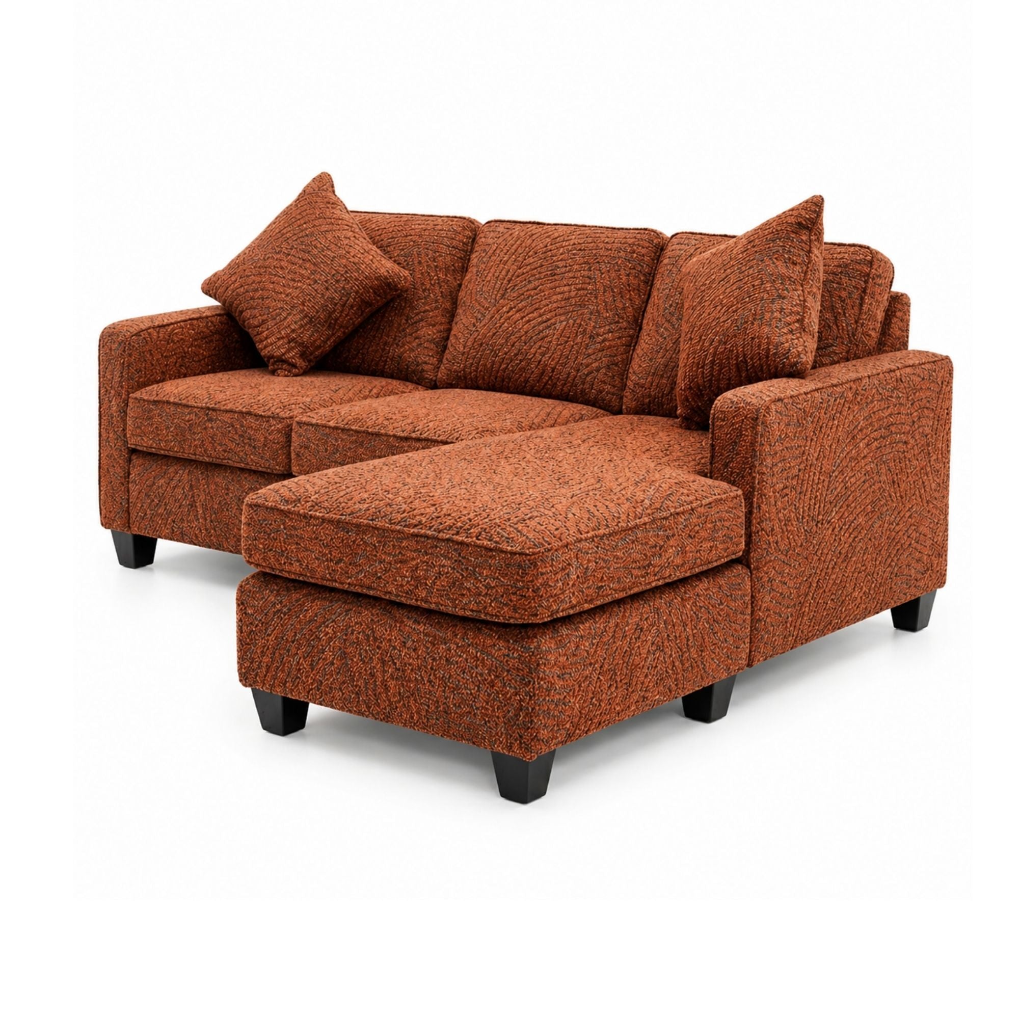A.C. Canadian made reversible sectional sofa with a chaise and orange upholstery, featuring plush cushions and a modern design.