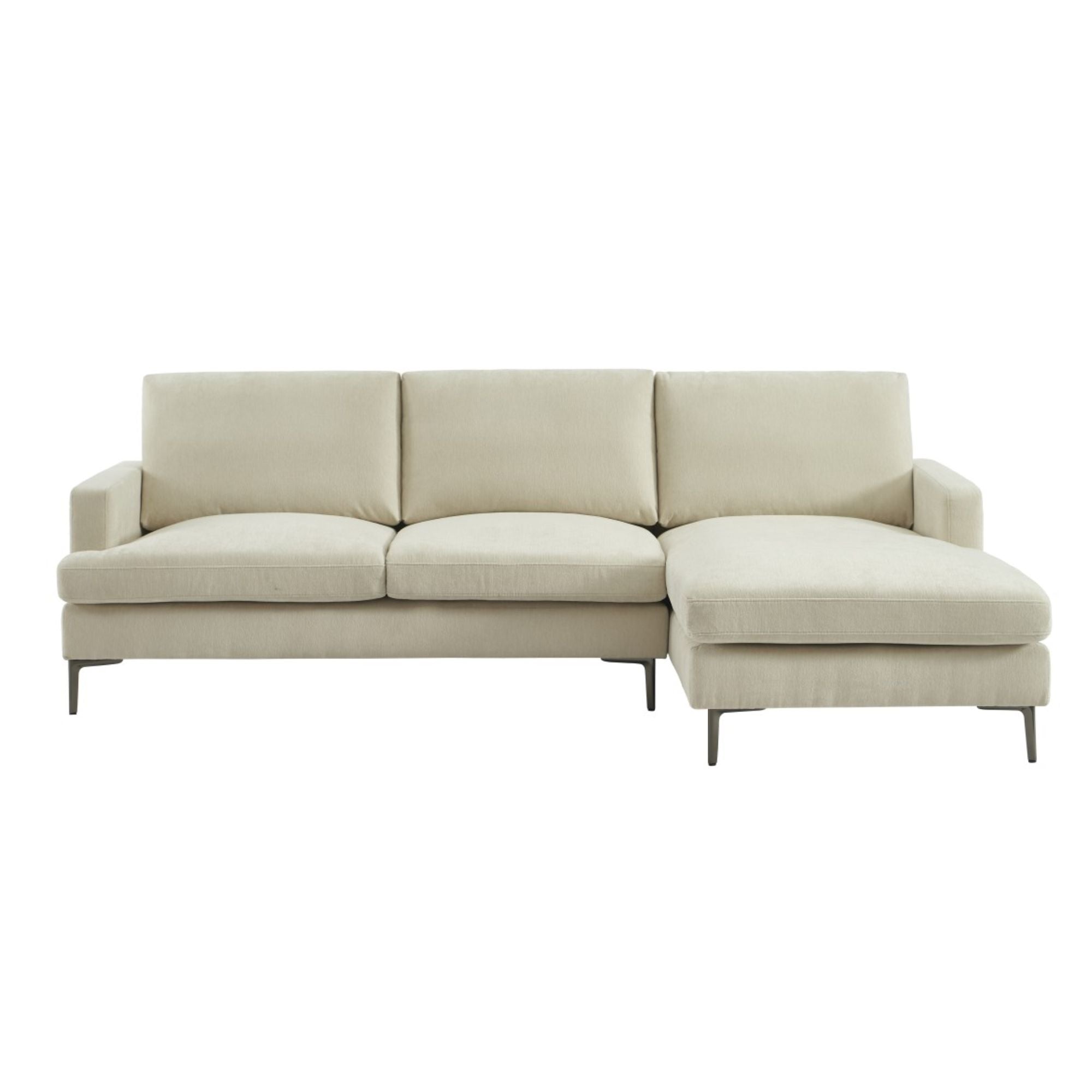 Beige Brassex sectional sofa with plush cushions and modern design, shown in a spacious living room setting.
