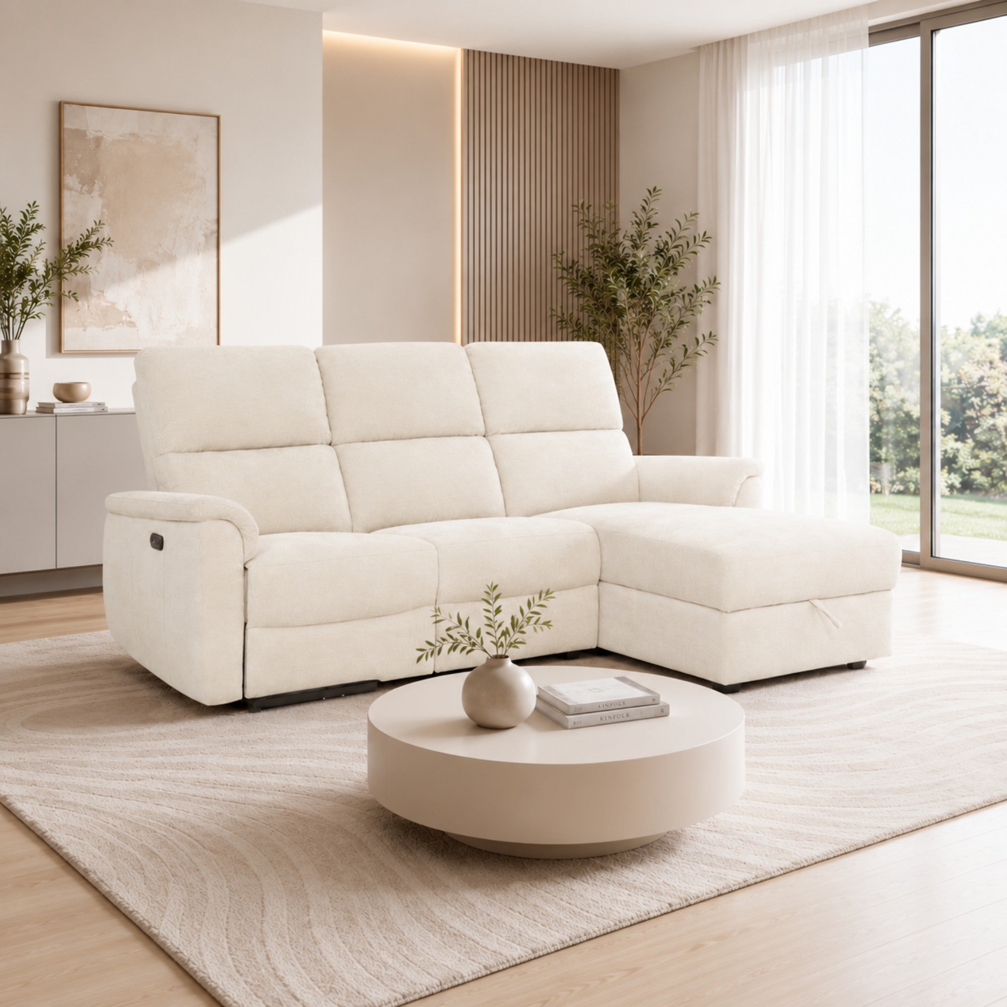 Power Reclining Sectional with Storage Chaise in Beige