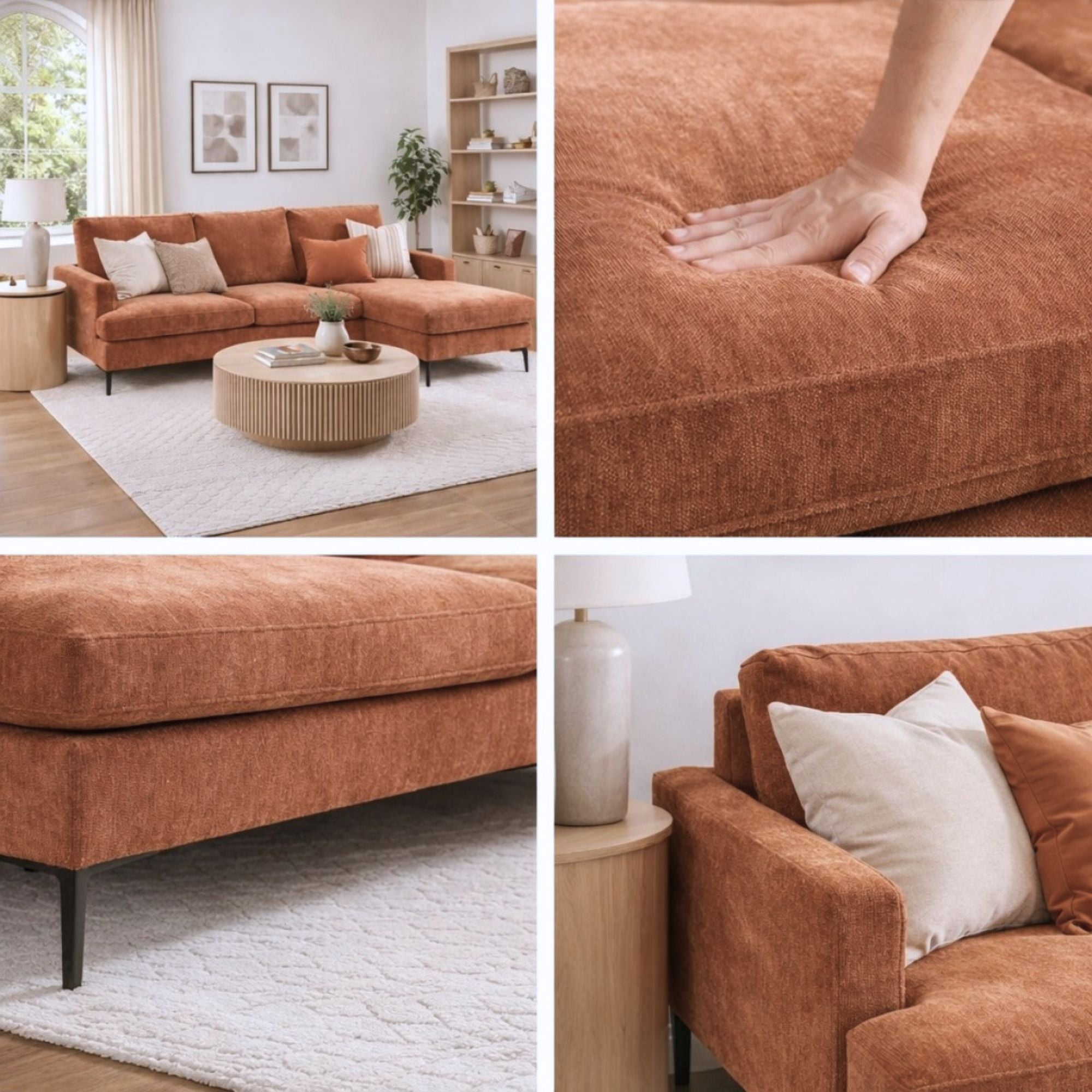 Brassex terracotta sectional sofa with plush cushions and modern design, shown in a living room setting.