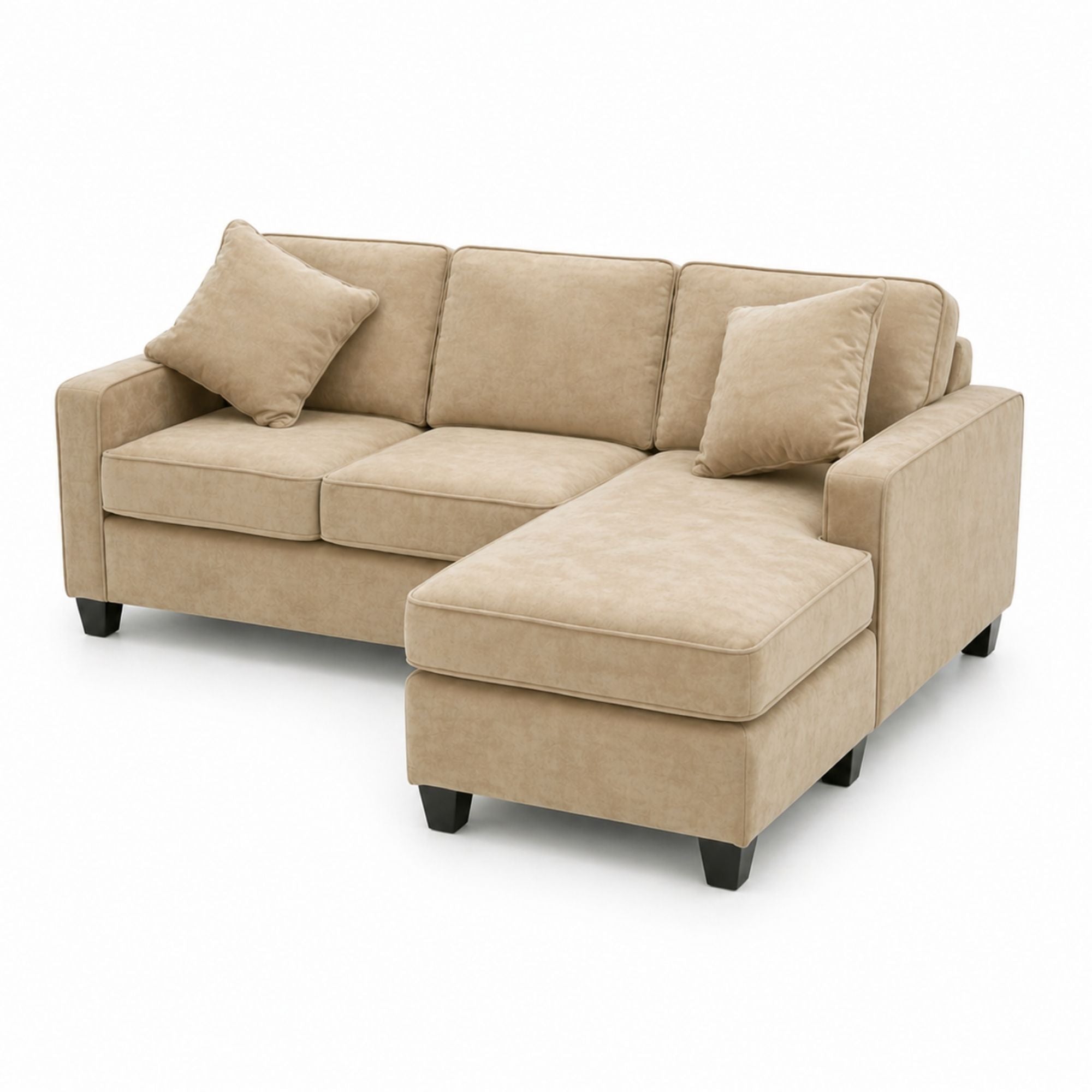 A beige Canadian-made reversible sectional sofa with chaise and ottoman, featuring plush cushions and modern design.
