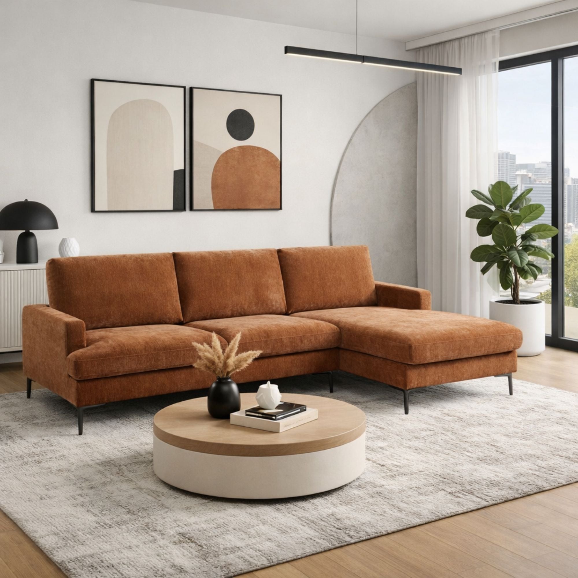 Brassex RHF sectional sofa in terracotta fabric, featuring plush cushions and modern design for comfortable living space.