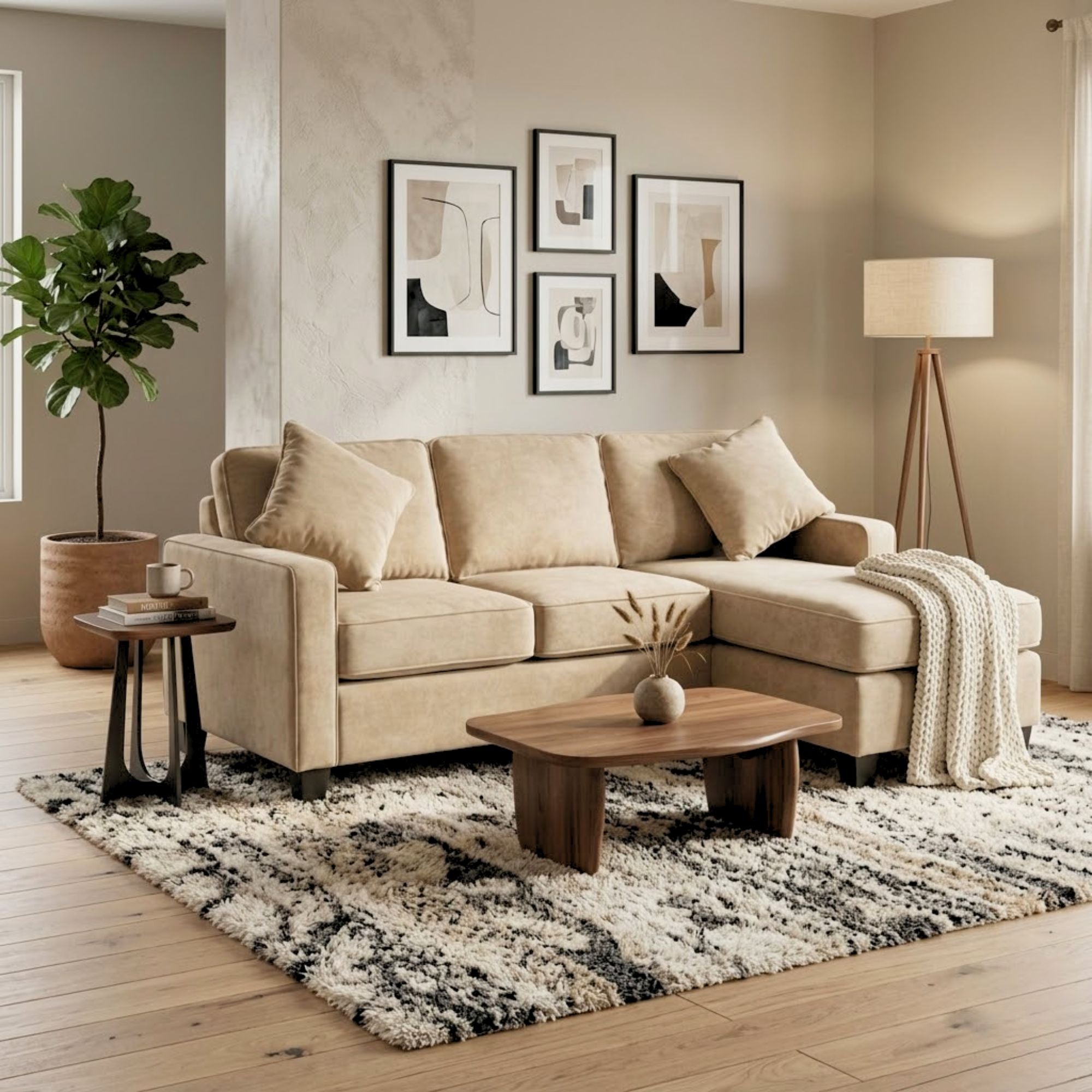 Canadian made beige reversible sectional sofa with chaise and ottoman by A.C., showcasing plush cushions and modern design.