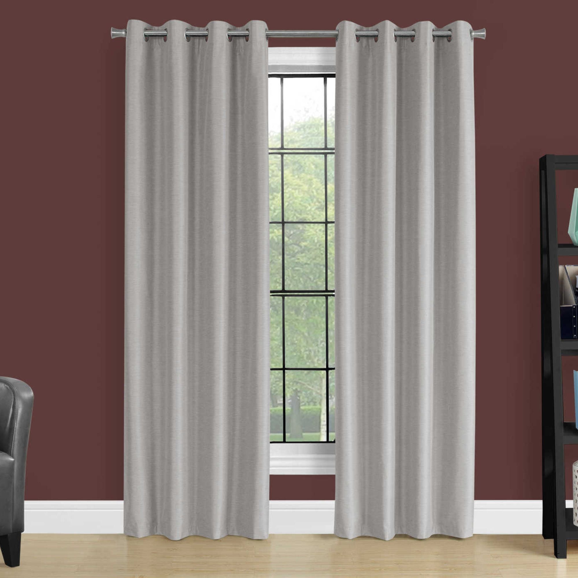 Silver blackout curtain panel set by Monarch Specialties, 52 inches wide, includes two silver fabric panels for light blocking.