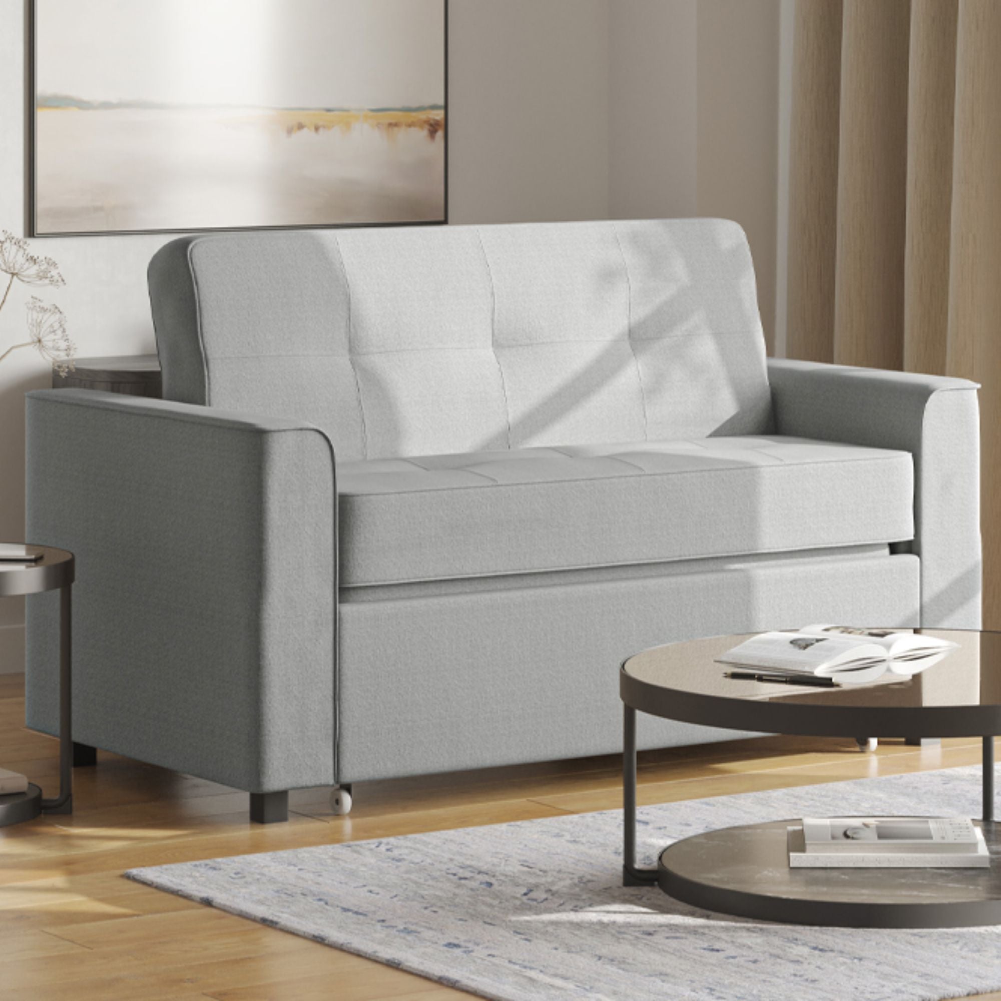 Canadian made grey sofa bed by Titus Furniture, showcasing a stylish and comfortable convertible sofa sleeper.