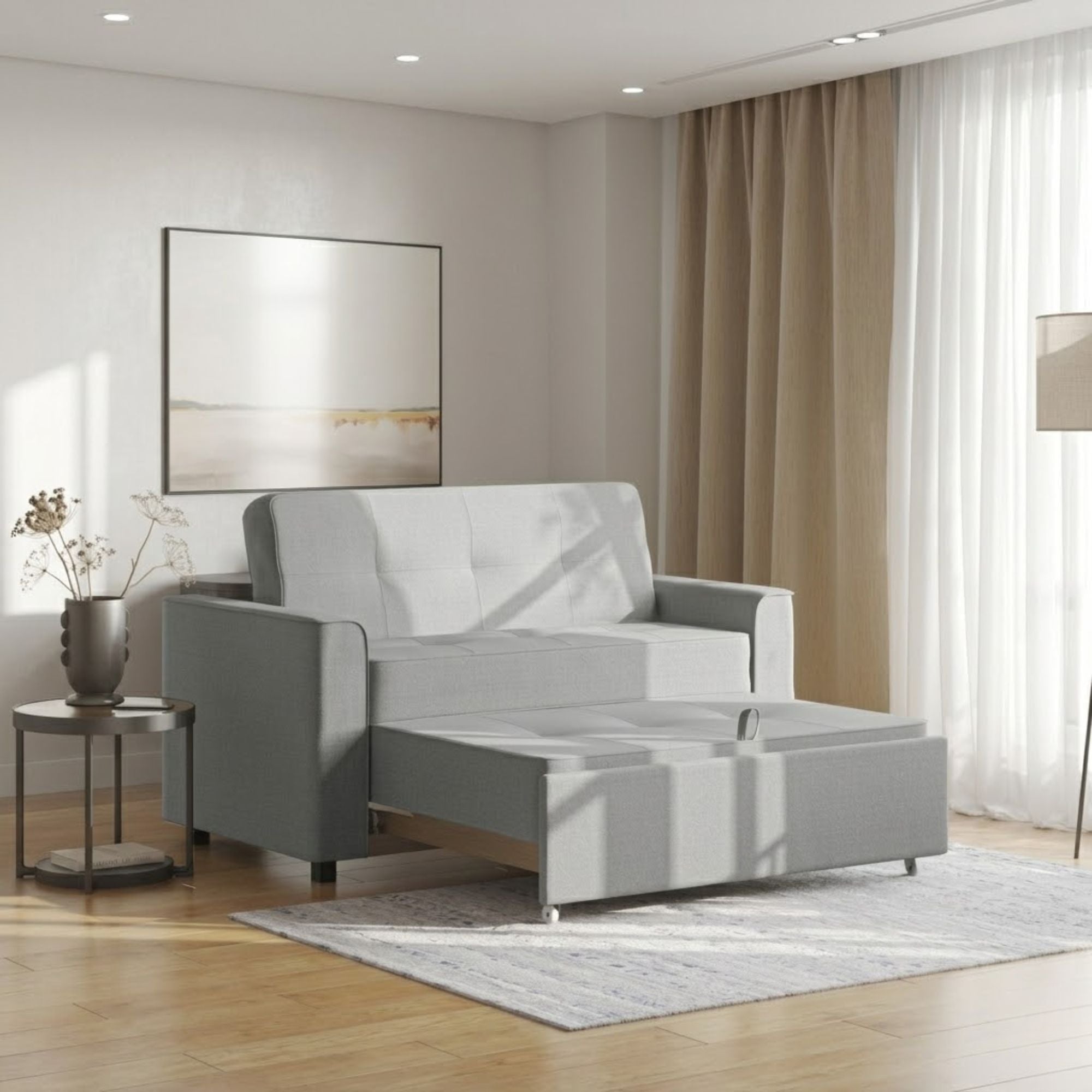 Canadian-made Titus Furniture grey sofa sleeper with open bed, showcasing its modern design and comfortable sleeping surface.