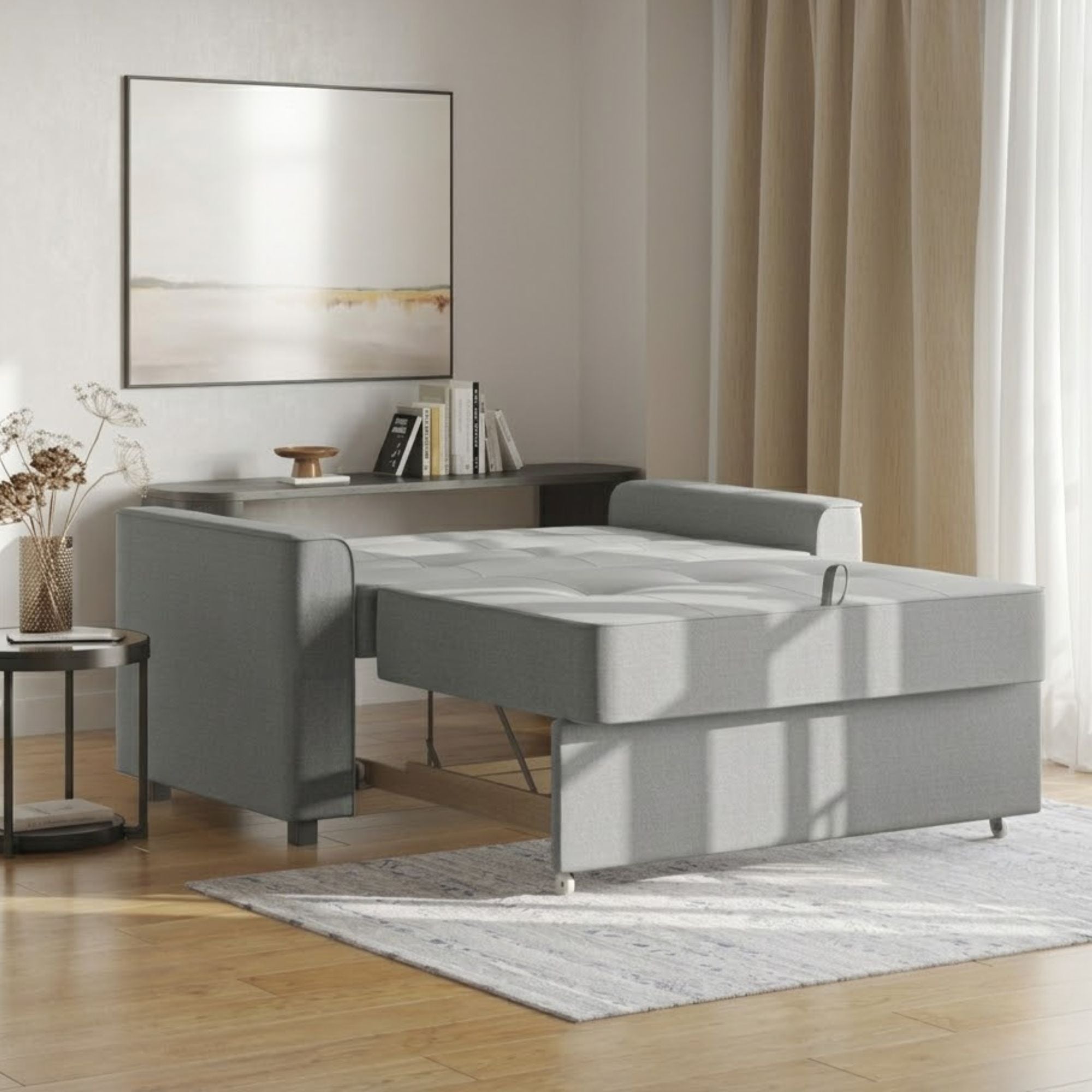Grey Canadian-made sofa sleeper from Titus Furniture, showing the convertible sofa bed with cushions and fabric upholstery.
