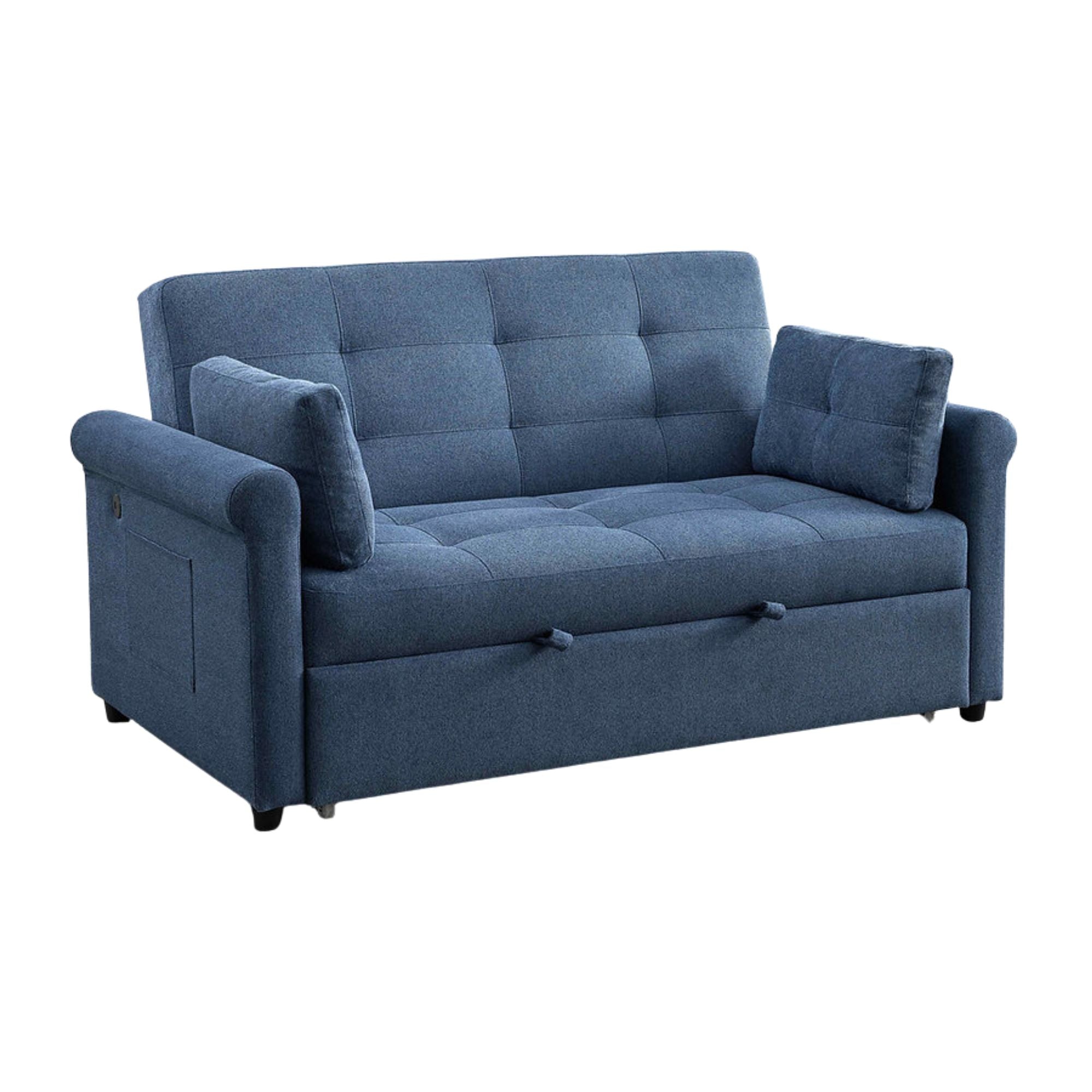 Blue Arlo Sofa Sleeper in IFF sofa bed, showing a spacious sectional with convertible seating and sleeping area.
