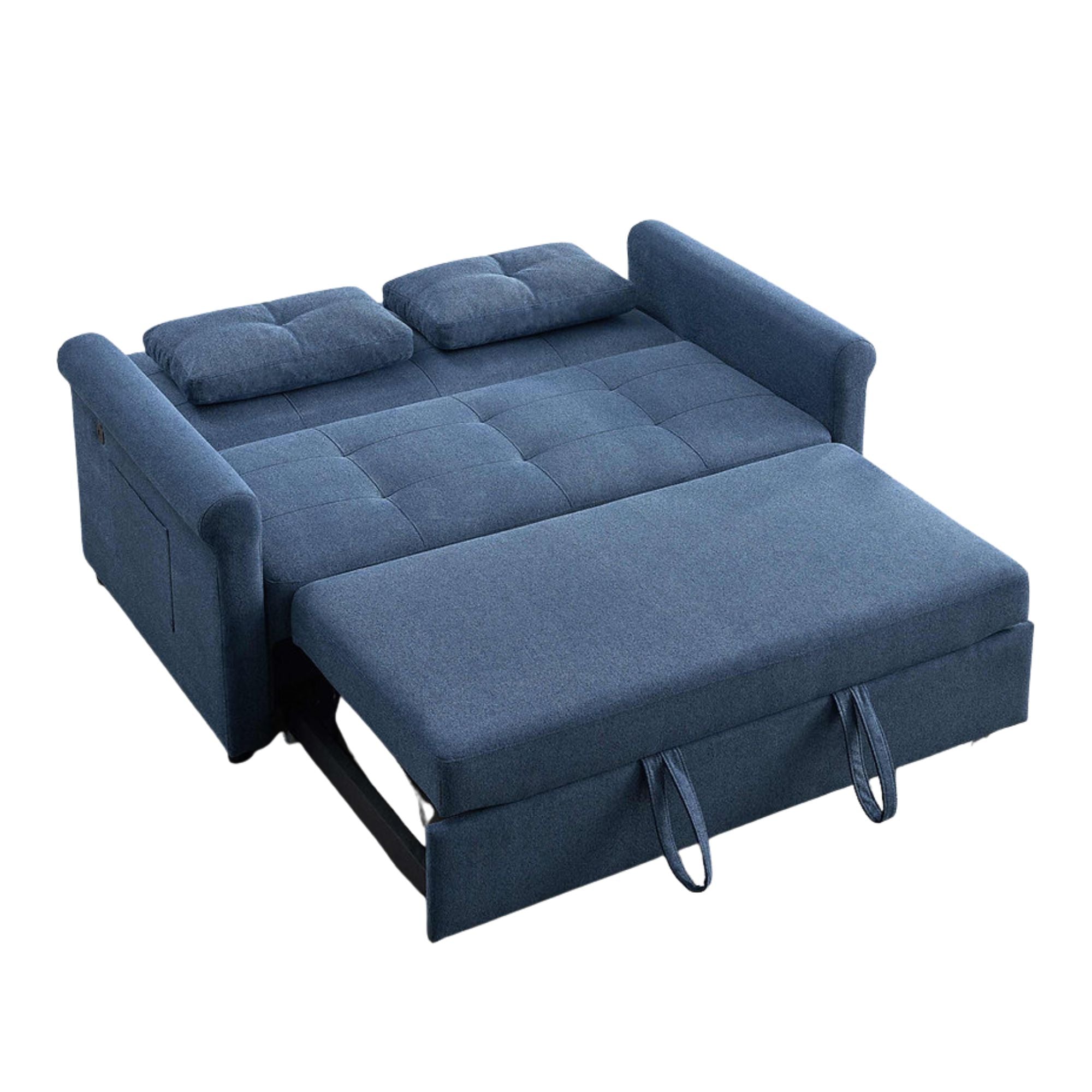 Blue Arlo sofa bed by IFF, showing the sectional sofa with fold-out sleeper in a modern living room setting.