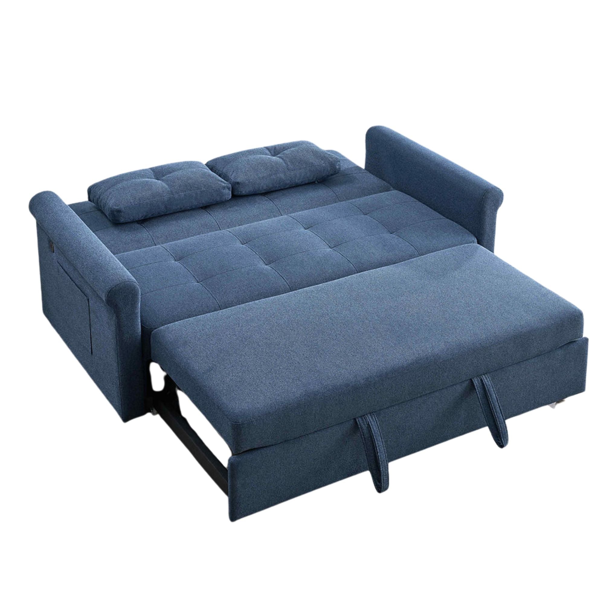 Arlo blue sofa bed by IFF, showcasing a modern sectional sofa sleeper with cushions and fabric upholstery in a spacious living room setting.