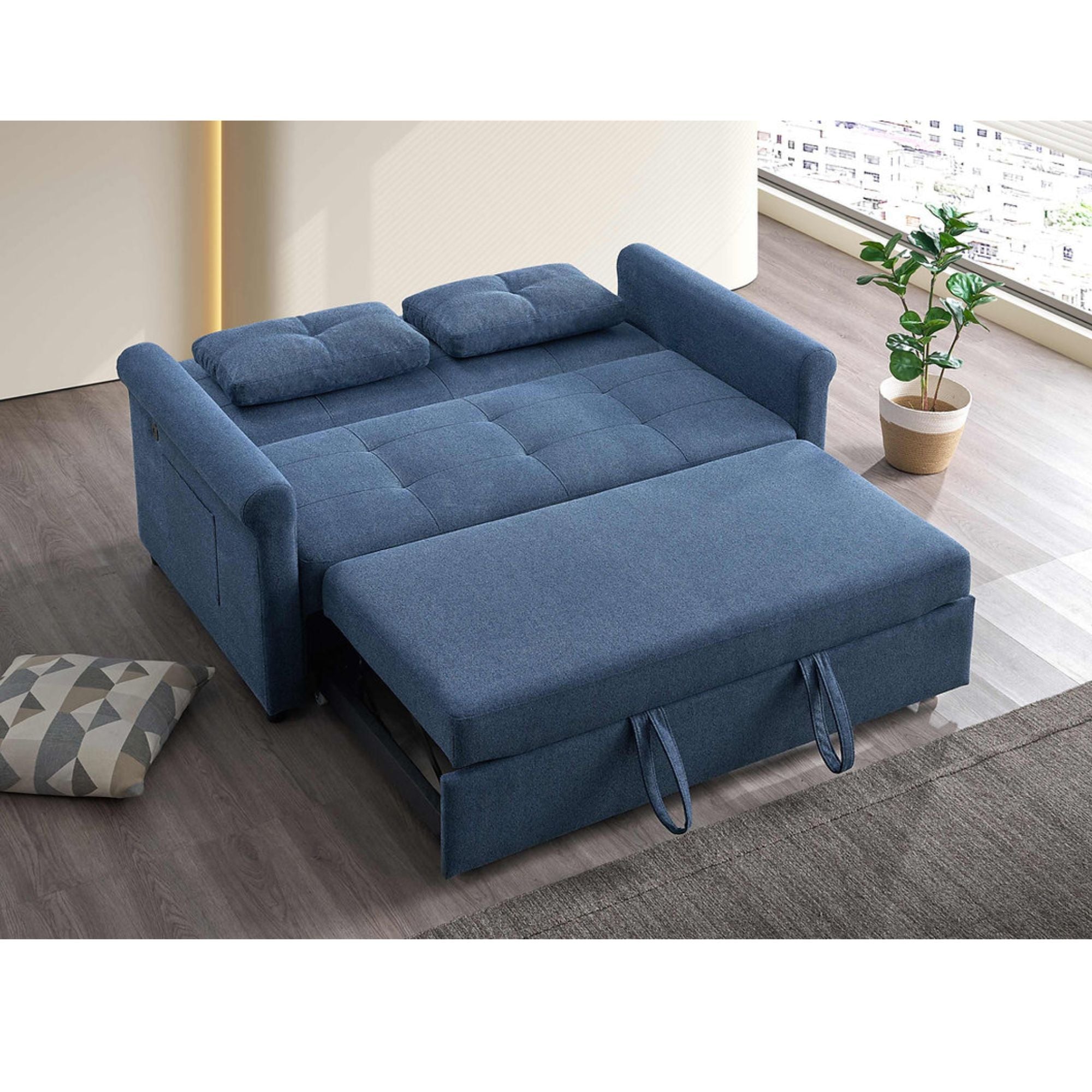 Blue Arlo sofa bed by IFF, showcasing its sectional design and convertible sleeping feature in a modern living room setting.