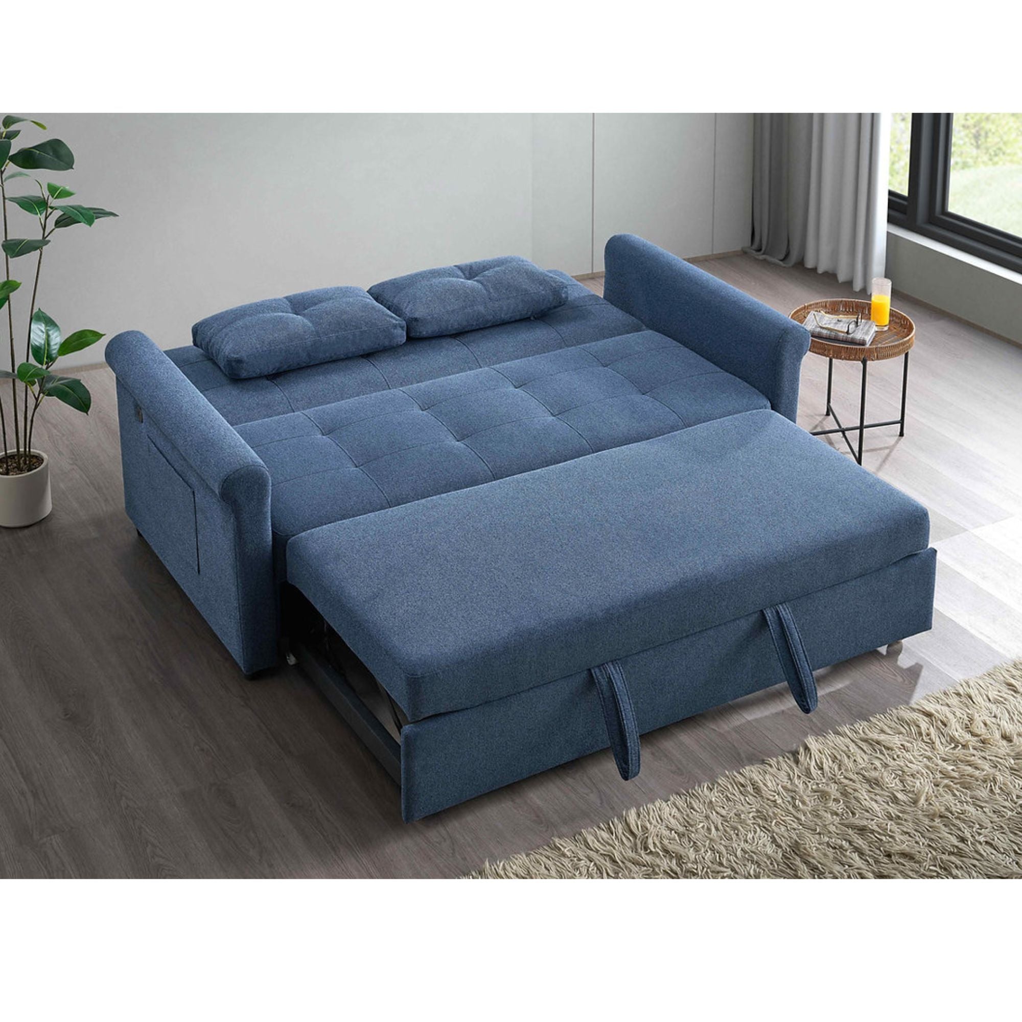 Blue Arlo Sofa Sleeper in IFF sofa bed with cushioned back and armrests, showcasing its sectional design and comfortable seating.