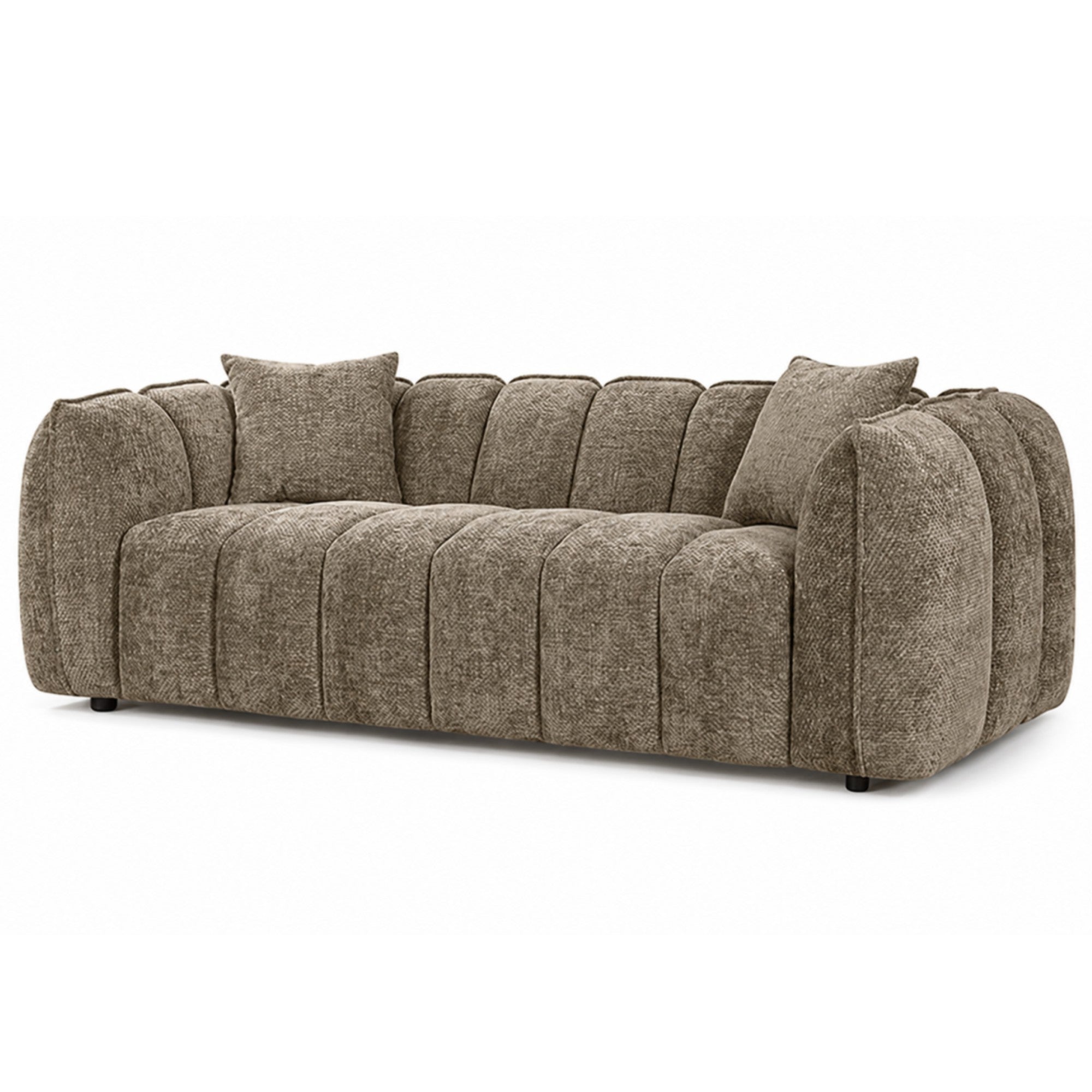 Contemporary brown channel tufted sofa and loveseat set by Brassex, featuring plush upholstery and modern design.