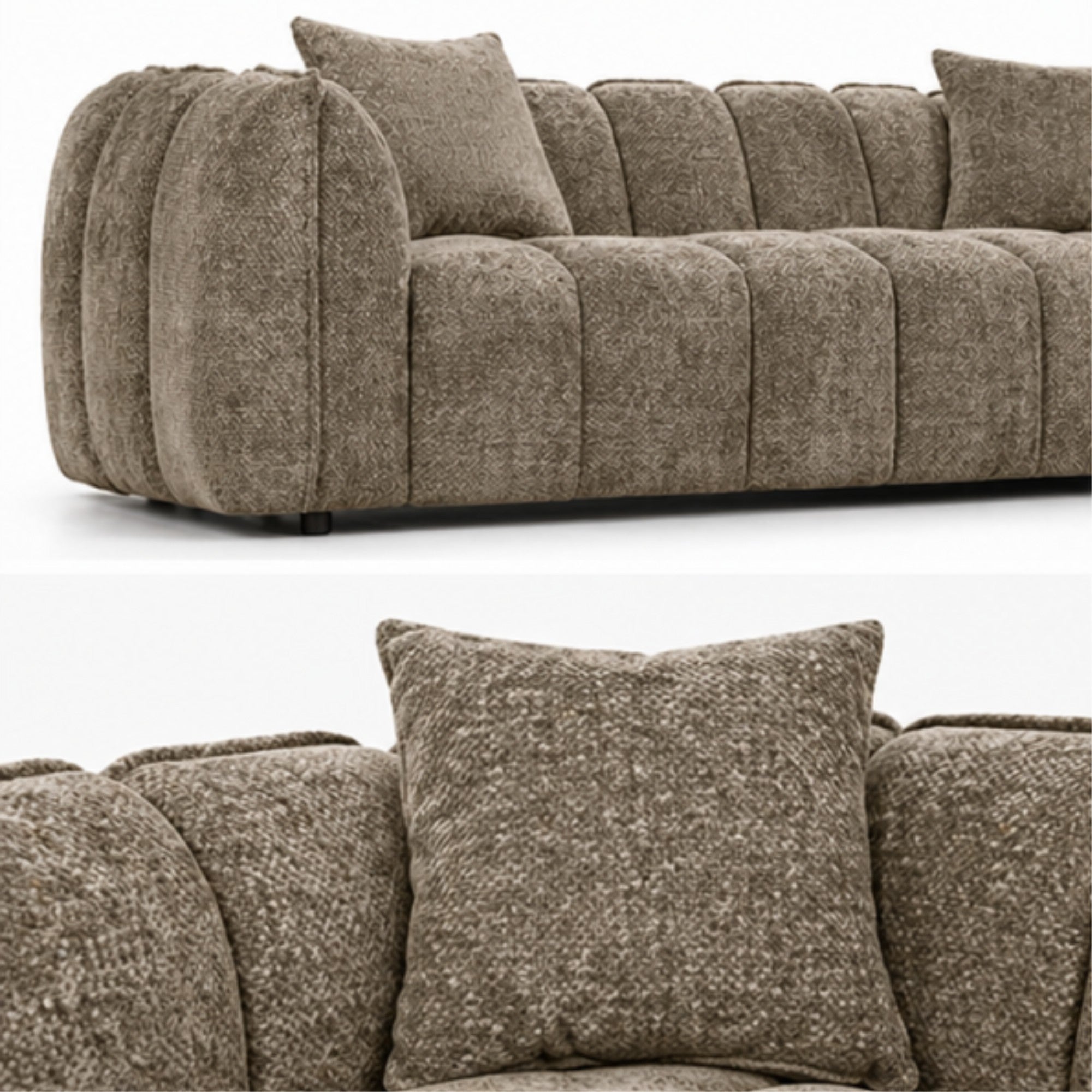 Brown contemporary channel tufted sofa and loveseat set by Brassex, featuring sleek modern design and plush upholstery.