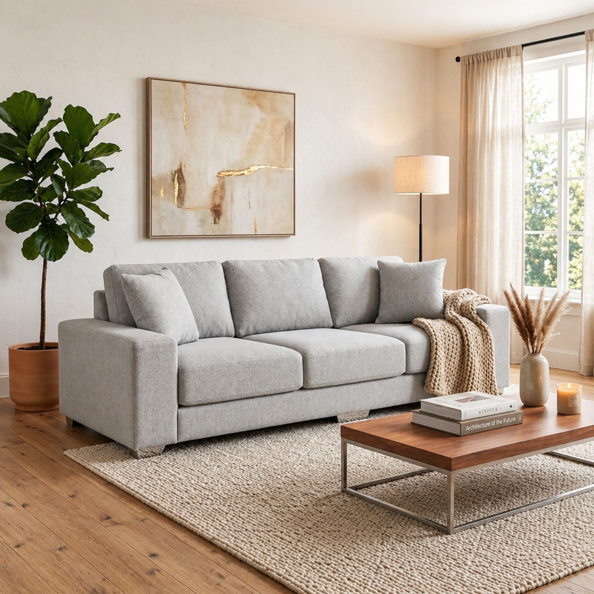 A.C. Canadian made light grey sofa with chrome legs, modern and stylish seating for living room decor.