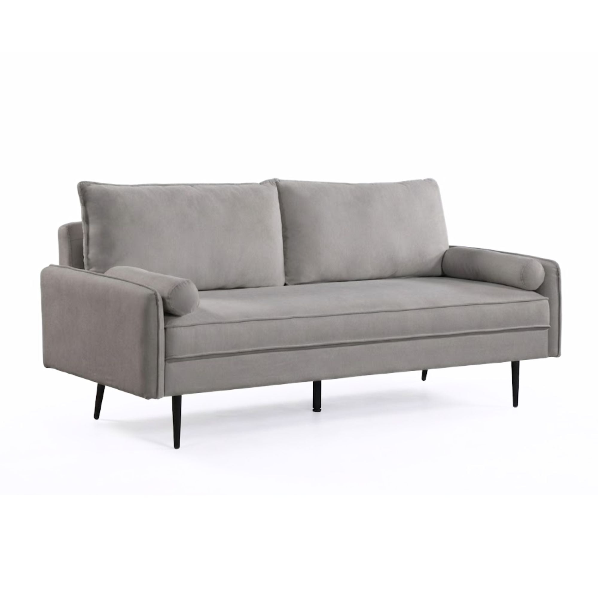 Grey Brassex sofa with cushioned armrests and fabric upholstery, designed for comfortable living room seating.