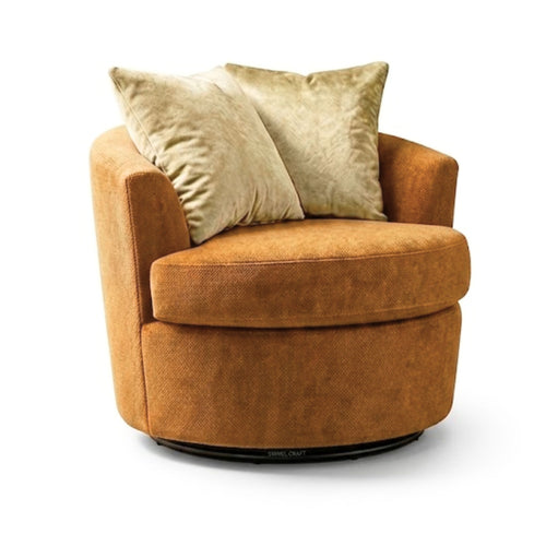 Canadian made oversized A.C. swivel chair in apricot with performance fabric, shown in a modern sectional setting.