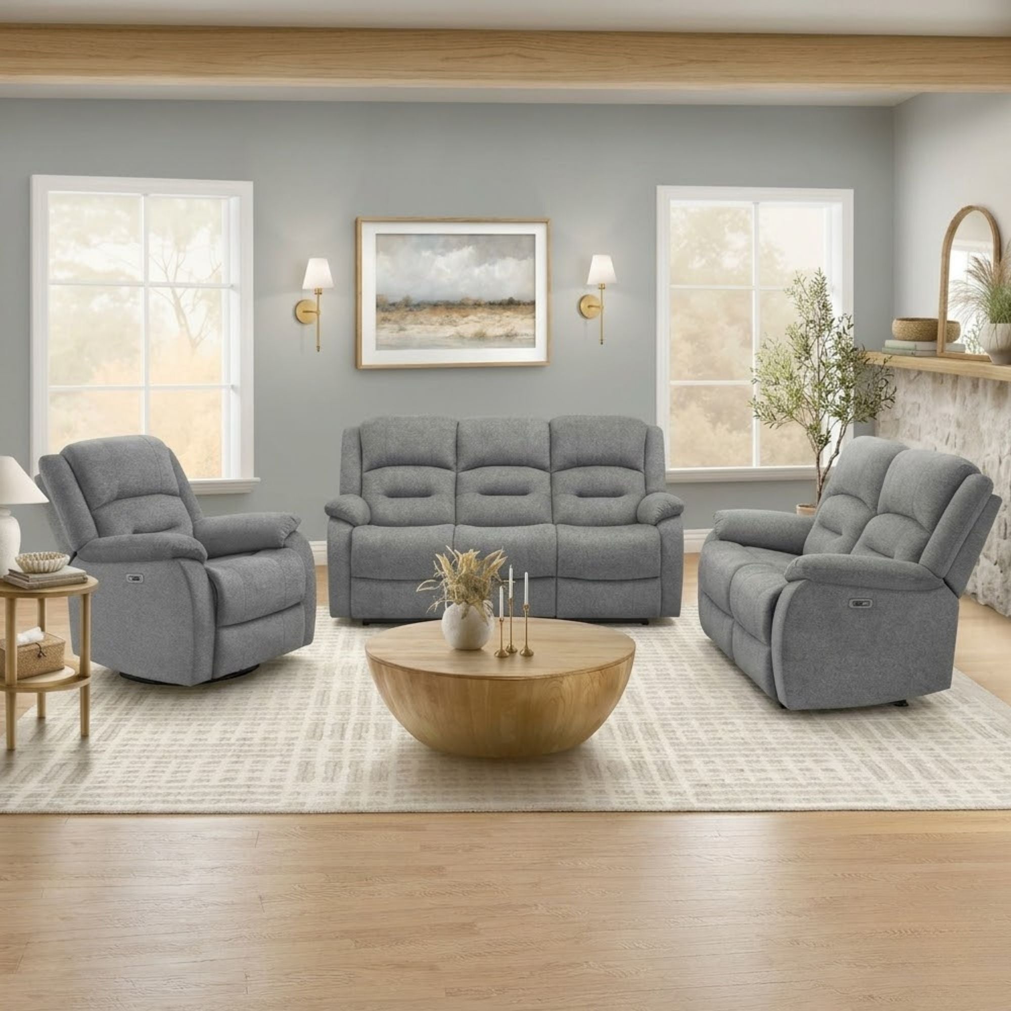 Grey Monarch Specialties CloudRest 3-seater power reclining sofa with USB ports, featuring plush cushions and modern design.
