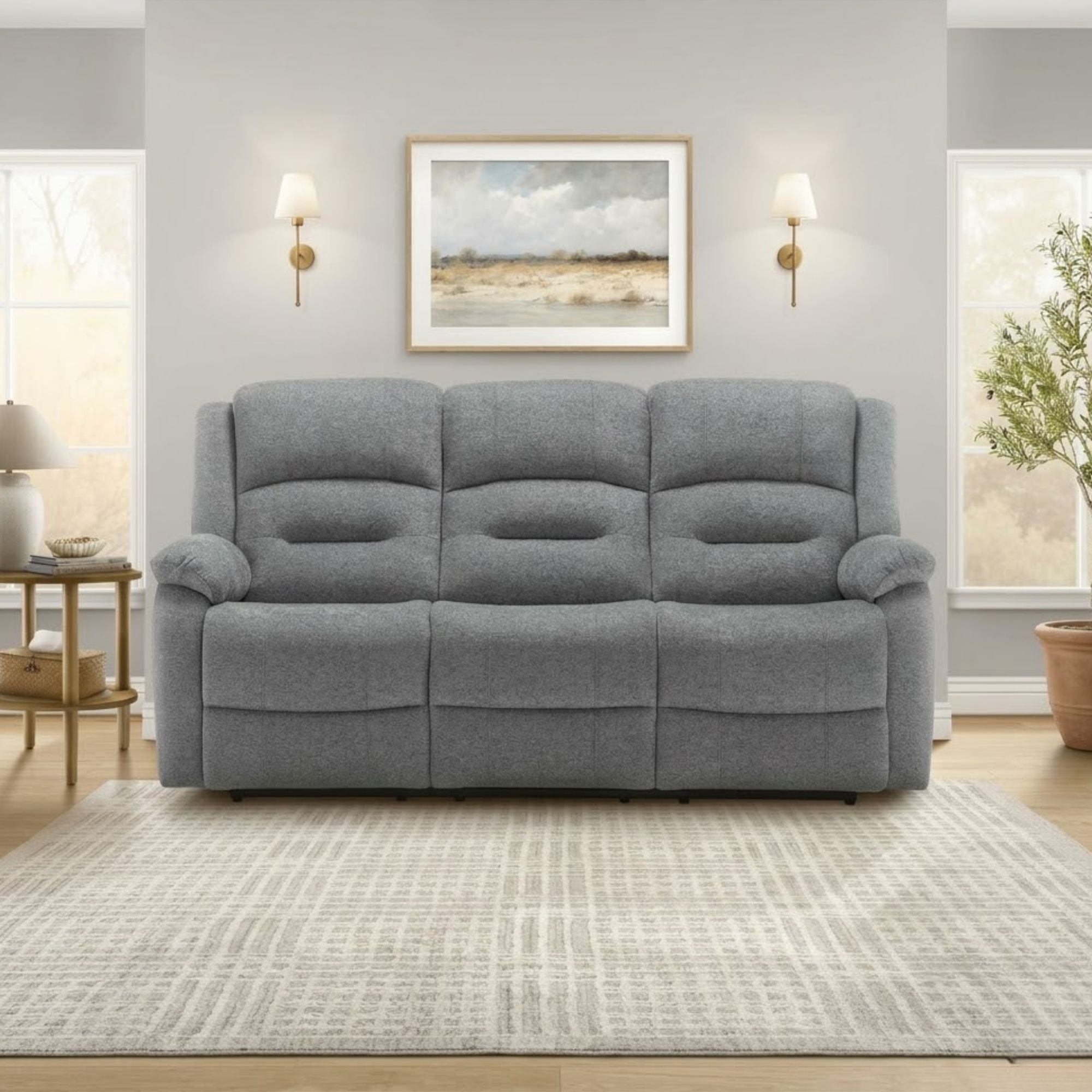 Grey Monarch Specialties CloudRest 3-seater power reclining sofa with USB ports, featuring plush cushions and modern design.