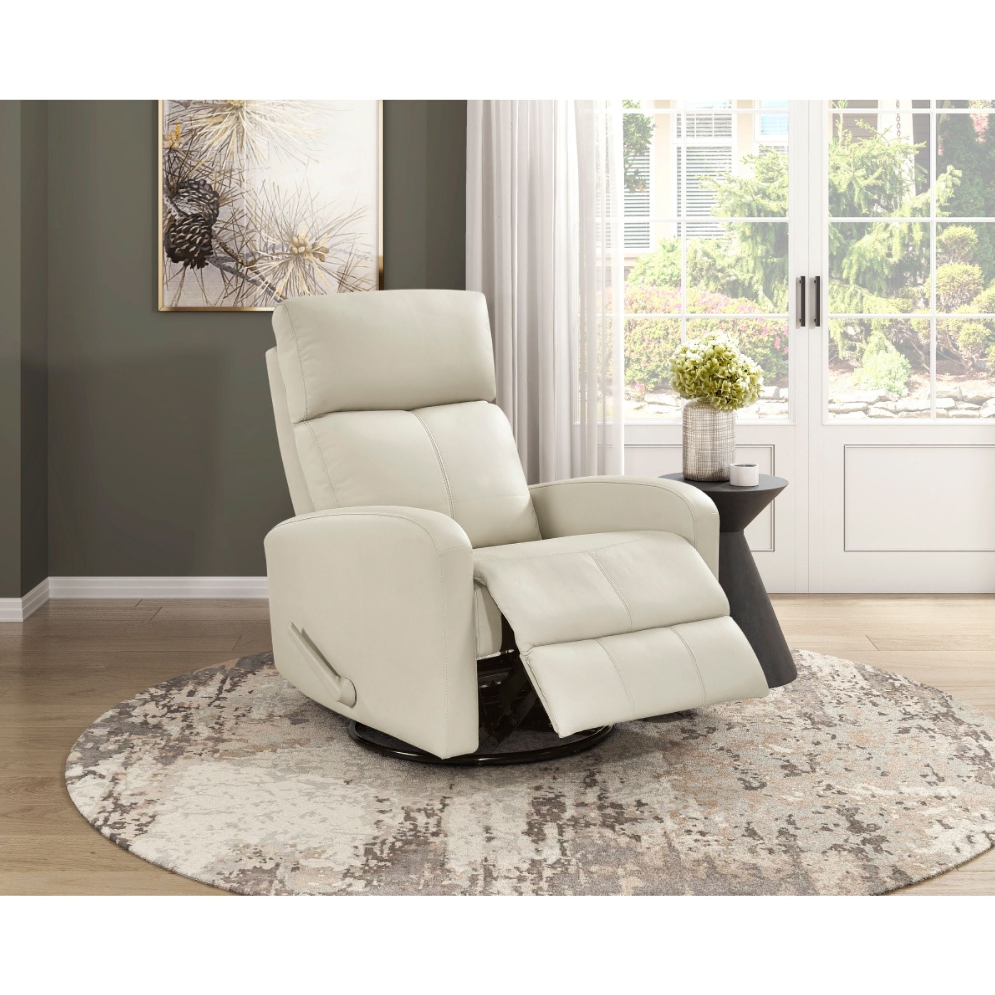 Beige MAZ Sorrento Collection swivel glider recliner chair with plush cushioning and modern design, shown from a side angle.