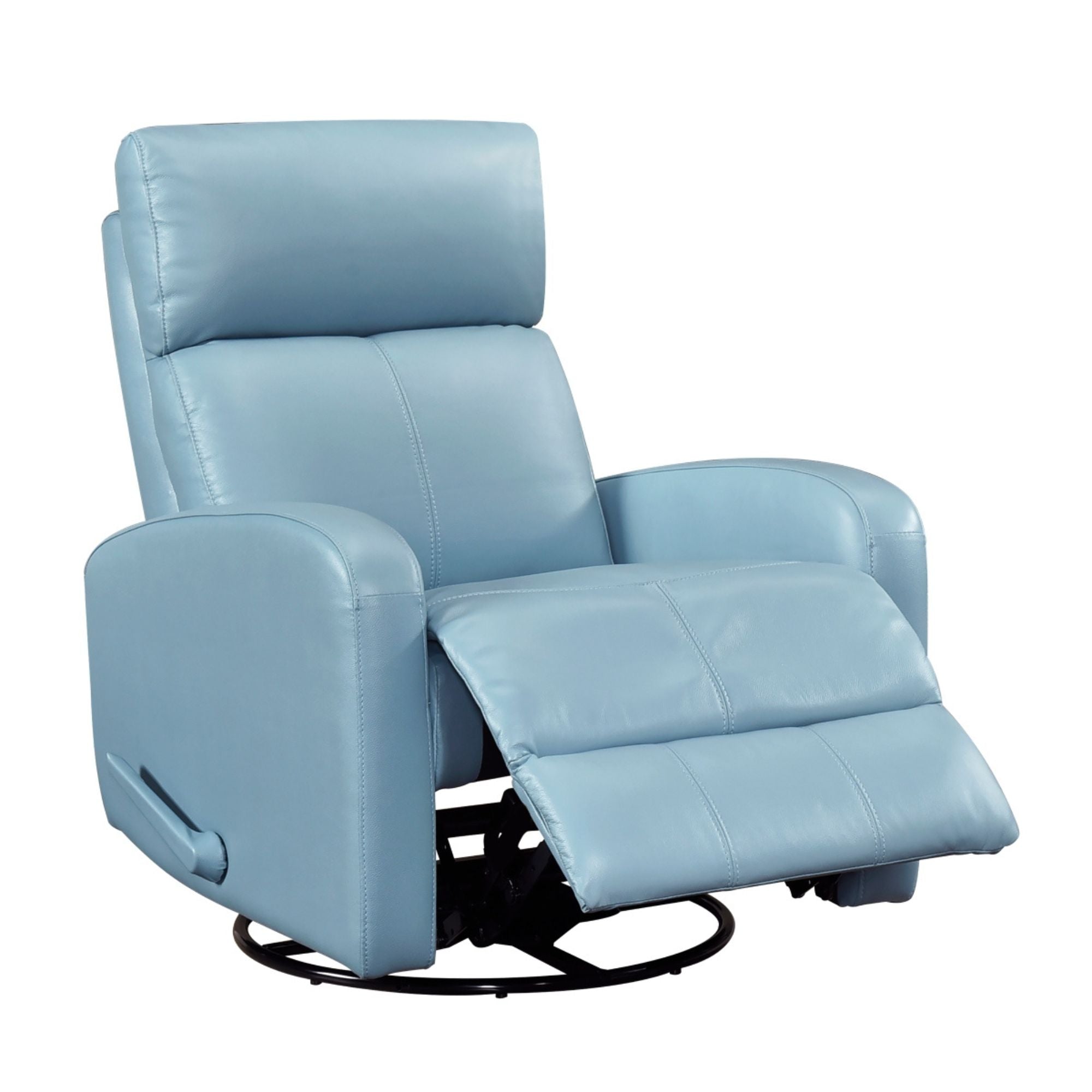 Blue MAZ Sorrento Collection glider swivel recliner chair with plush upholstery and modern design, shown from a side angle.
