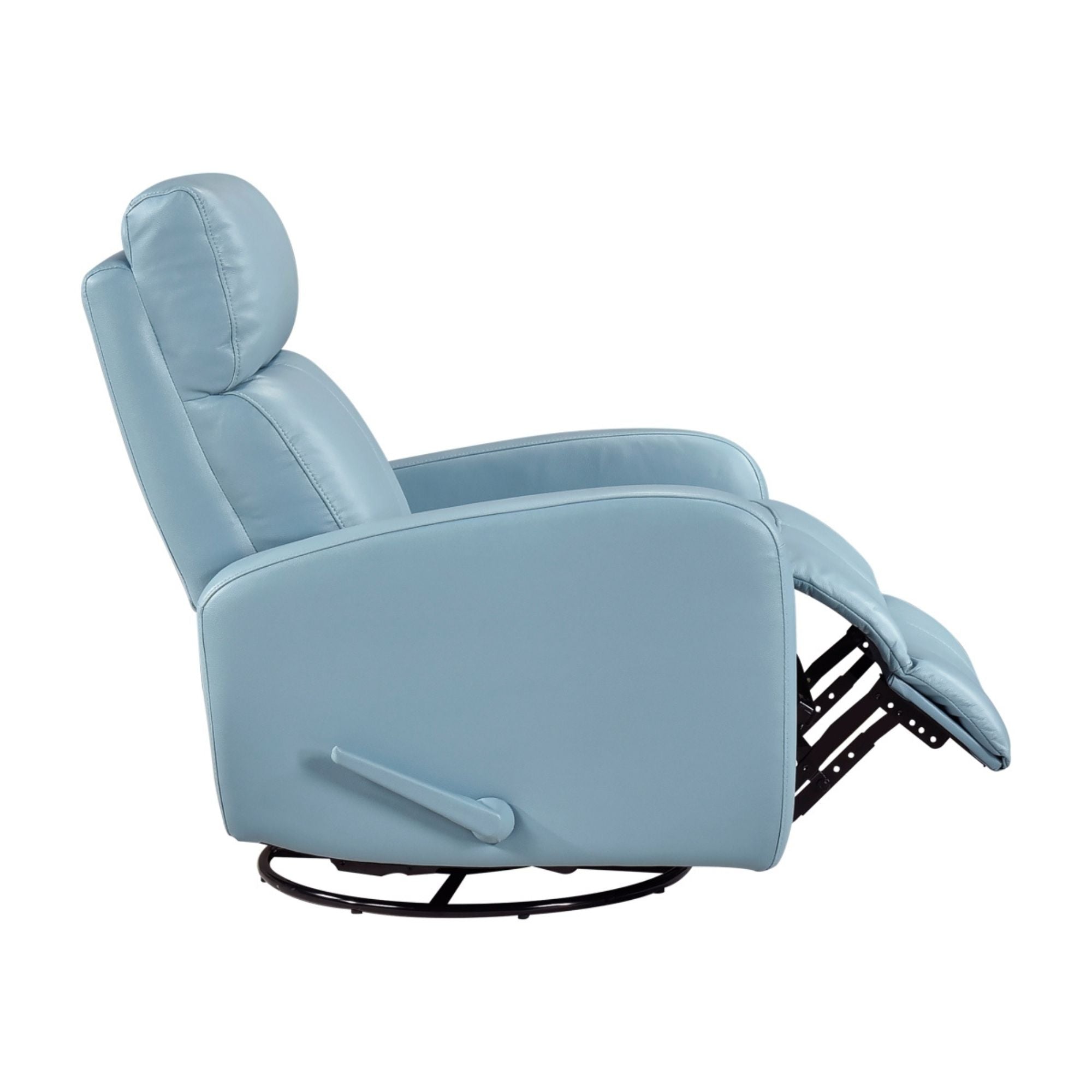 Blue MAZ Sorrento Collection glider swivel recliner chair with plush upholstery and modern design, shown from the side in the image.