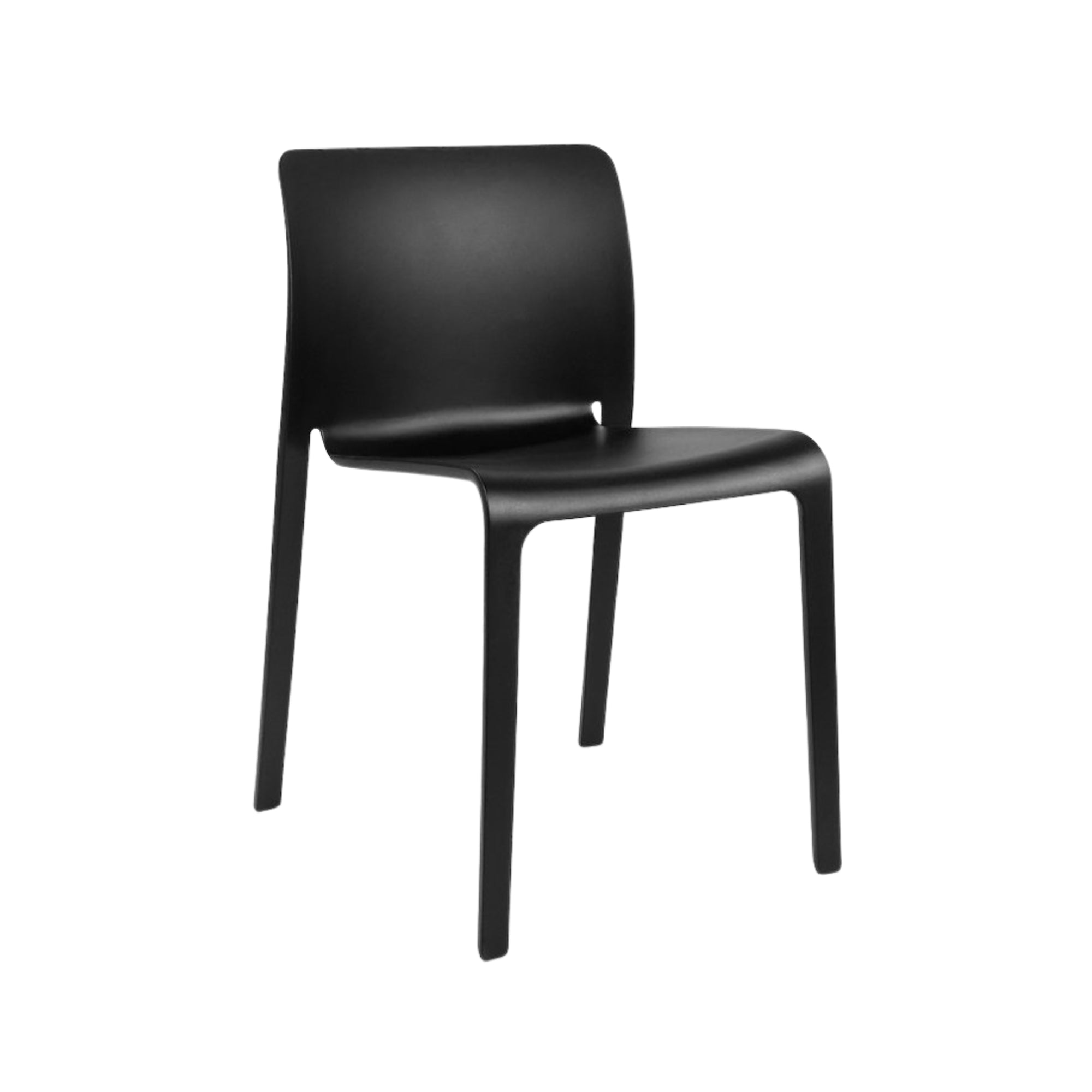 Set of four black Elite Living Faro stackable dining chairs stacked together, showcasing modern design and durable material.