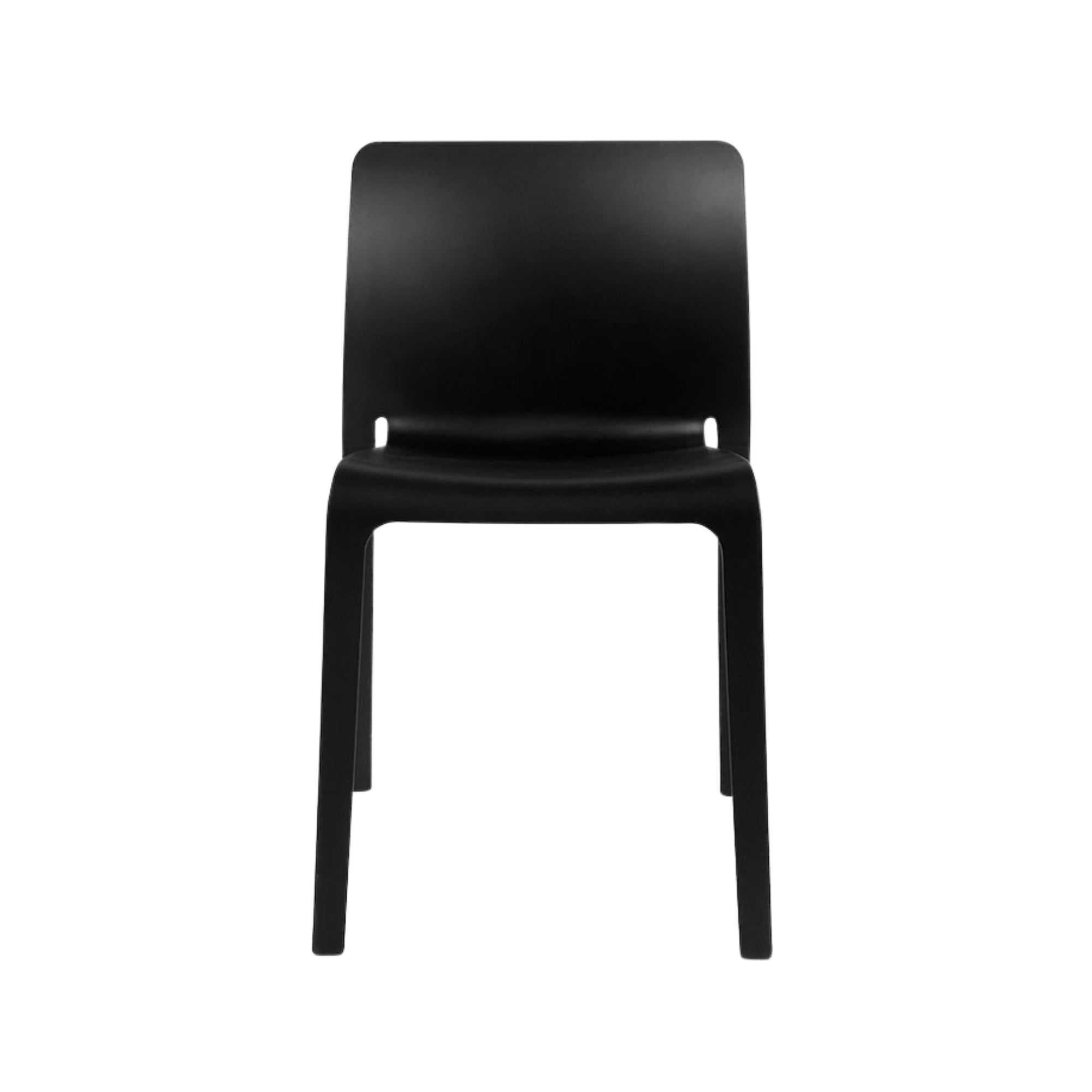 Set of four black Elite Living Faro stackable dining chairs stacked together, showcasing sleek modern design and sturdy construction.