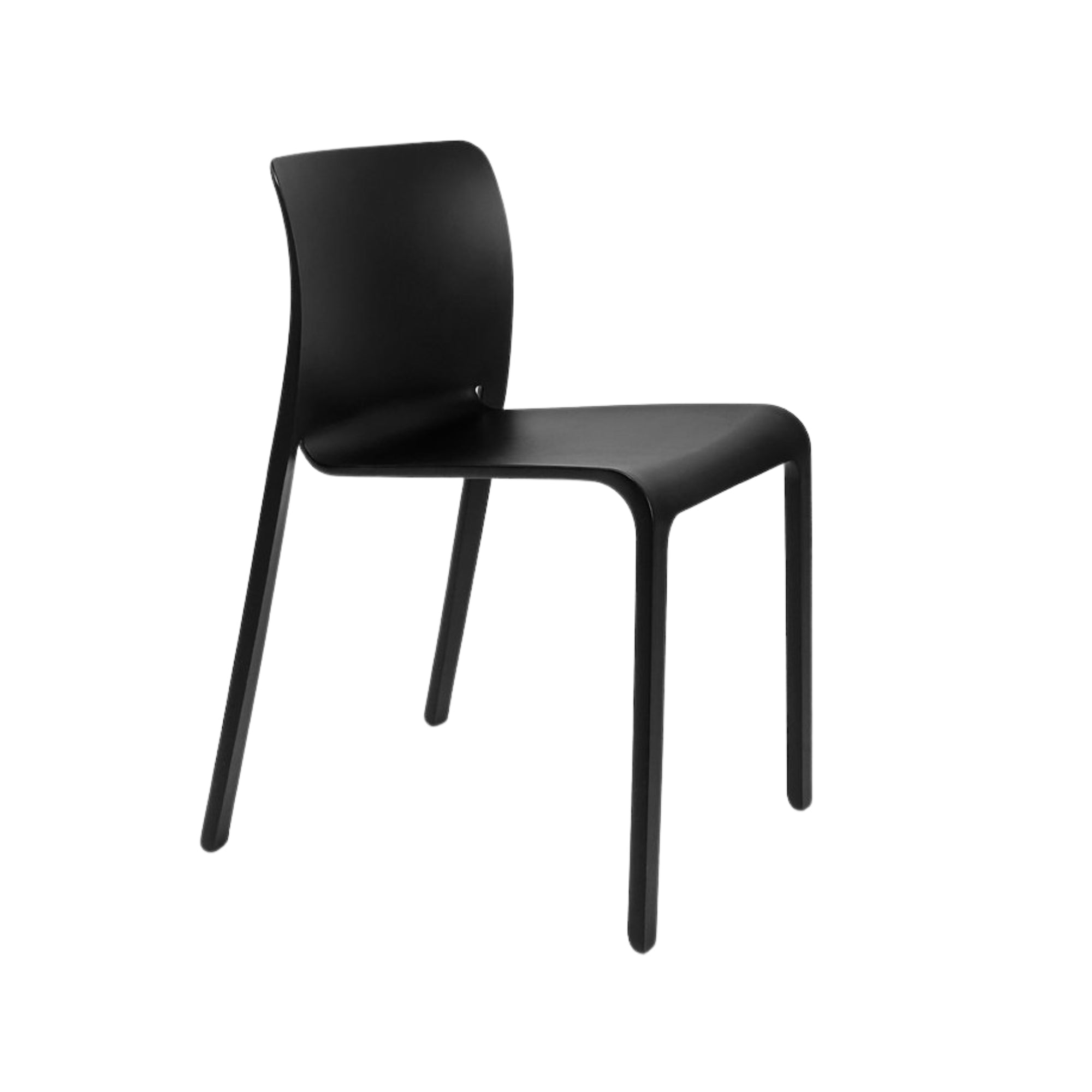 Set of four black Elite Living Faro stackable dining chairs stacked together, showcasing modern design and sleek black finish.