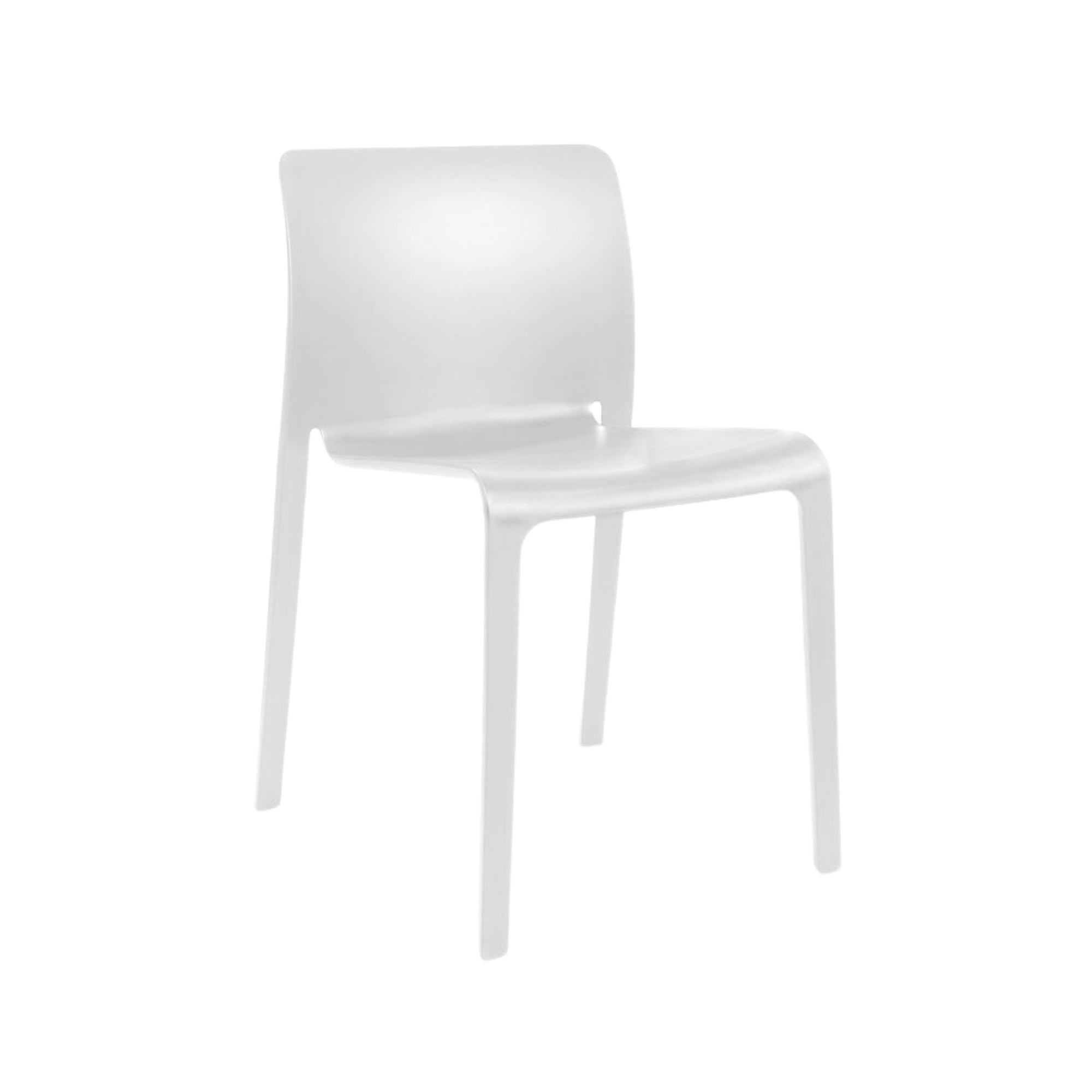 Set of four white Faro stackable dining chairs by Elite Living, shown stacked for space-saving and modern dining room style.