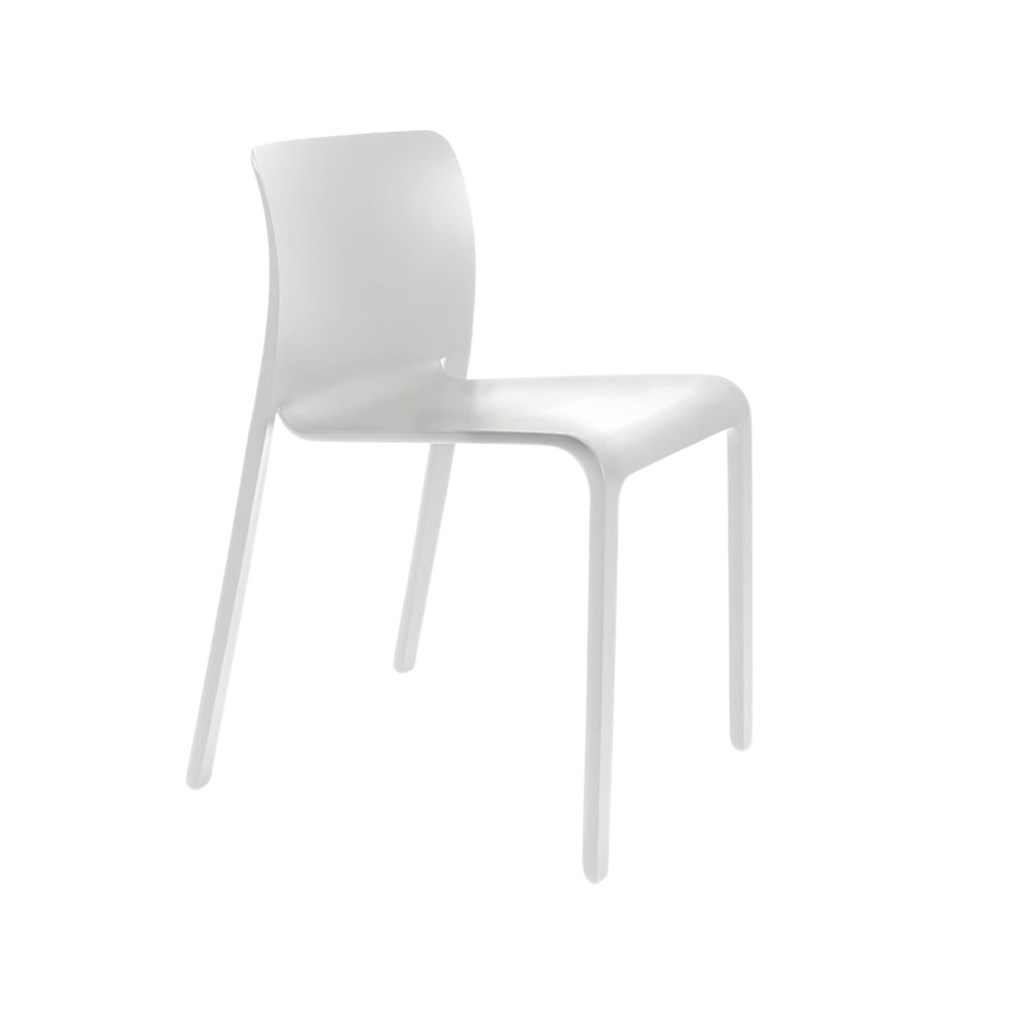 Set of four white Elite Living Faro stackable dining chairs neatly stacked, showcasing modern design and clean lines.