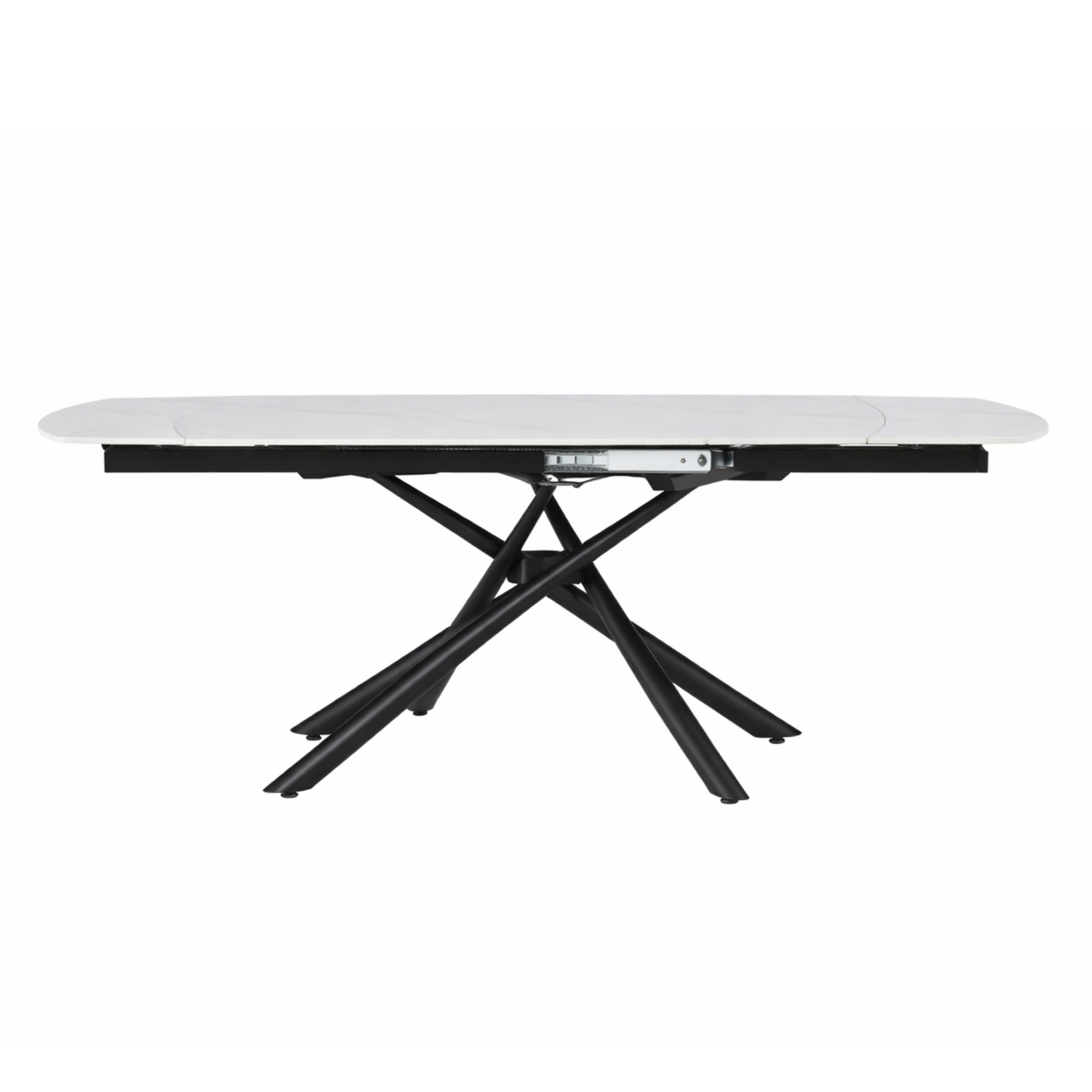 Sintered stone extending dining table with snowy white marble finish by IFF, showcasing its sleek, modern design and polished surface.