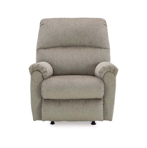 Taupe Stonemeade rocker reclining chair by Signature Design Ashley with plush cushions and wooden legs, perfect for relaxing.