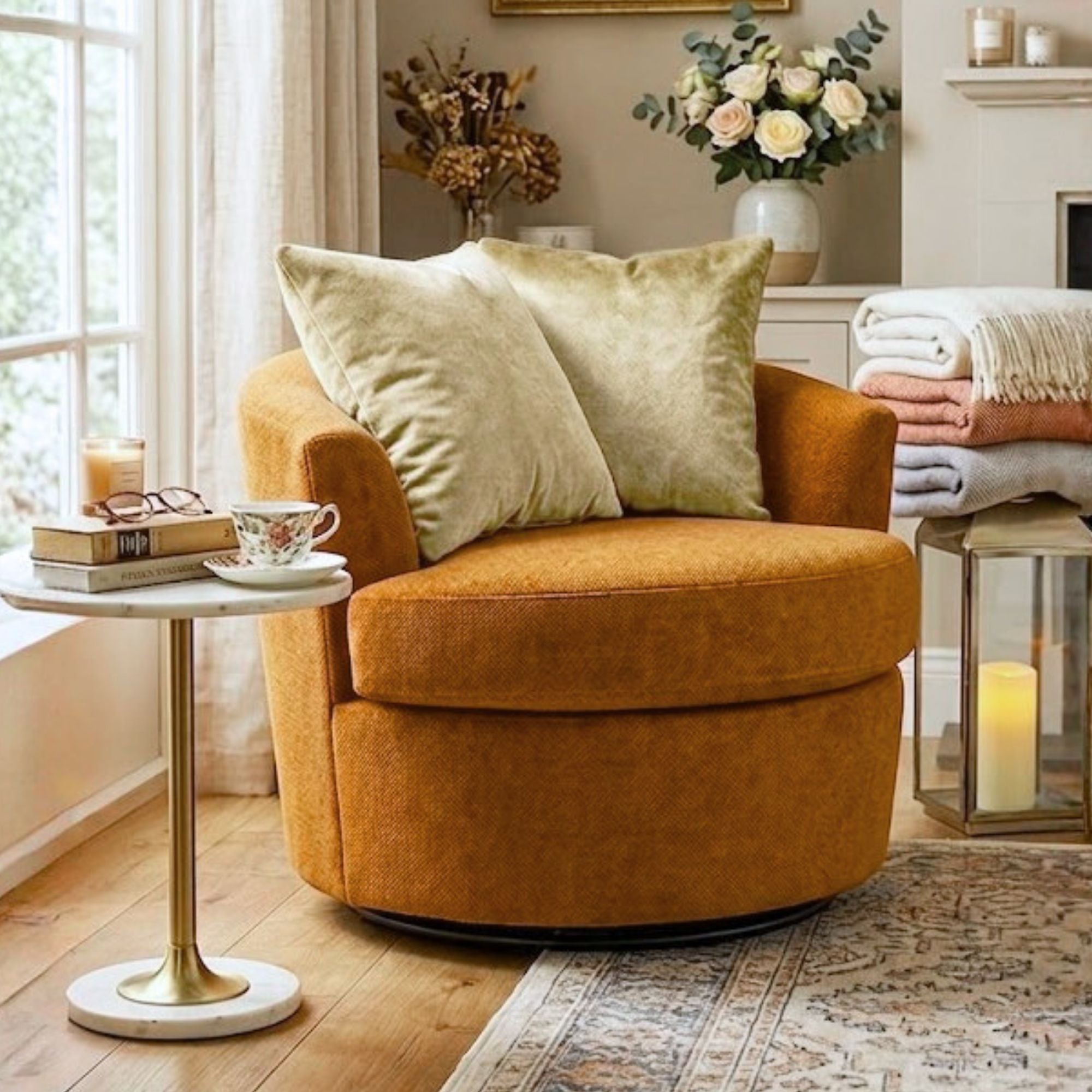 A.C. Canadian made oversized swivel chair in apricot performance fabric with a modern design and comfortable seating.