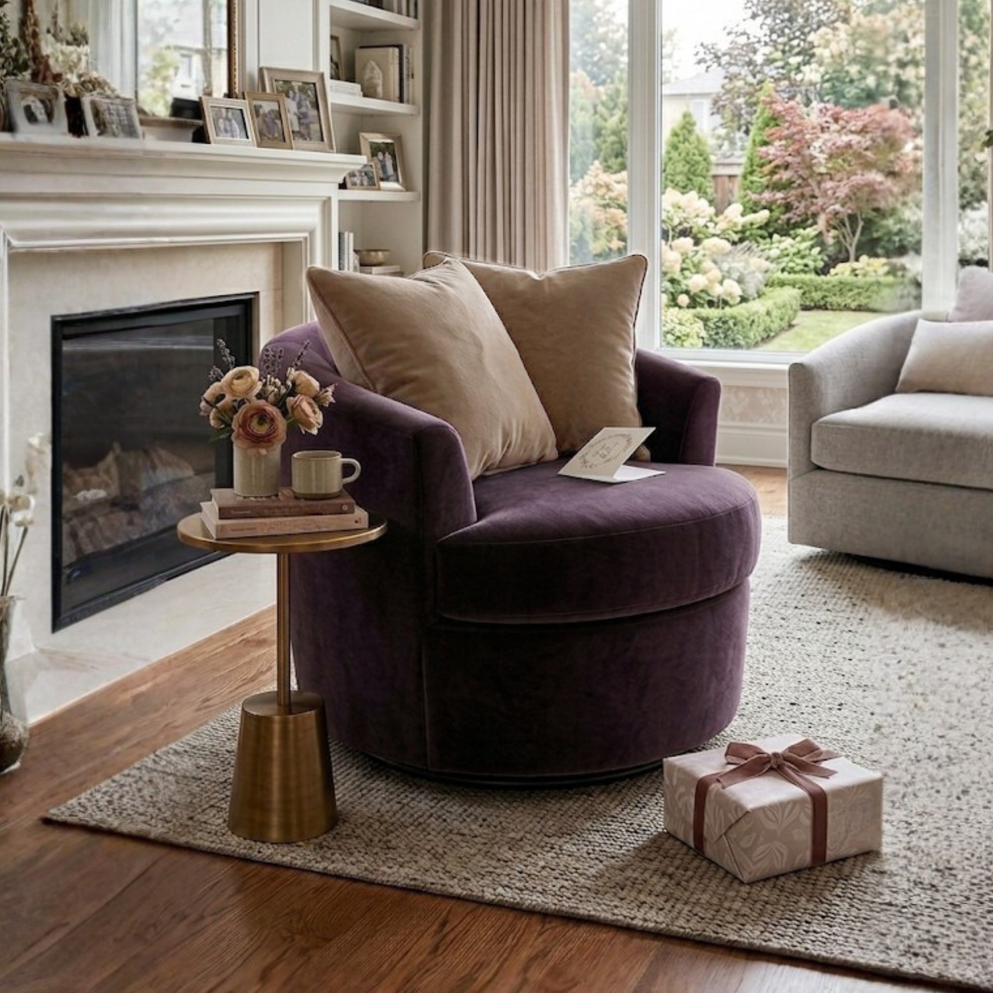 Canadian-made A.C. oversized lavender swivel chair with performance fabric and modern design, shown from a side angle.