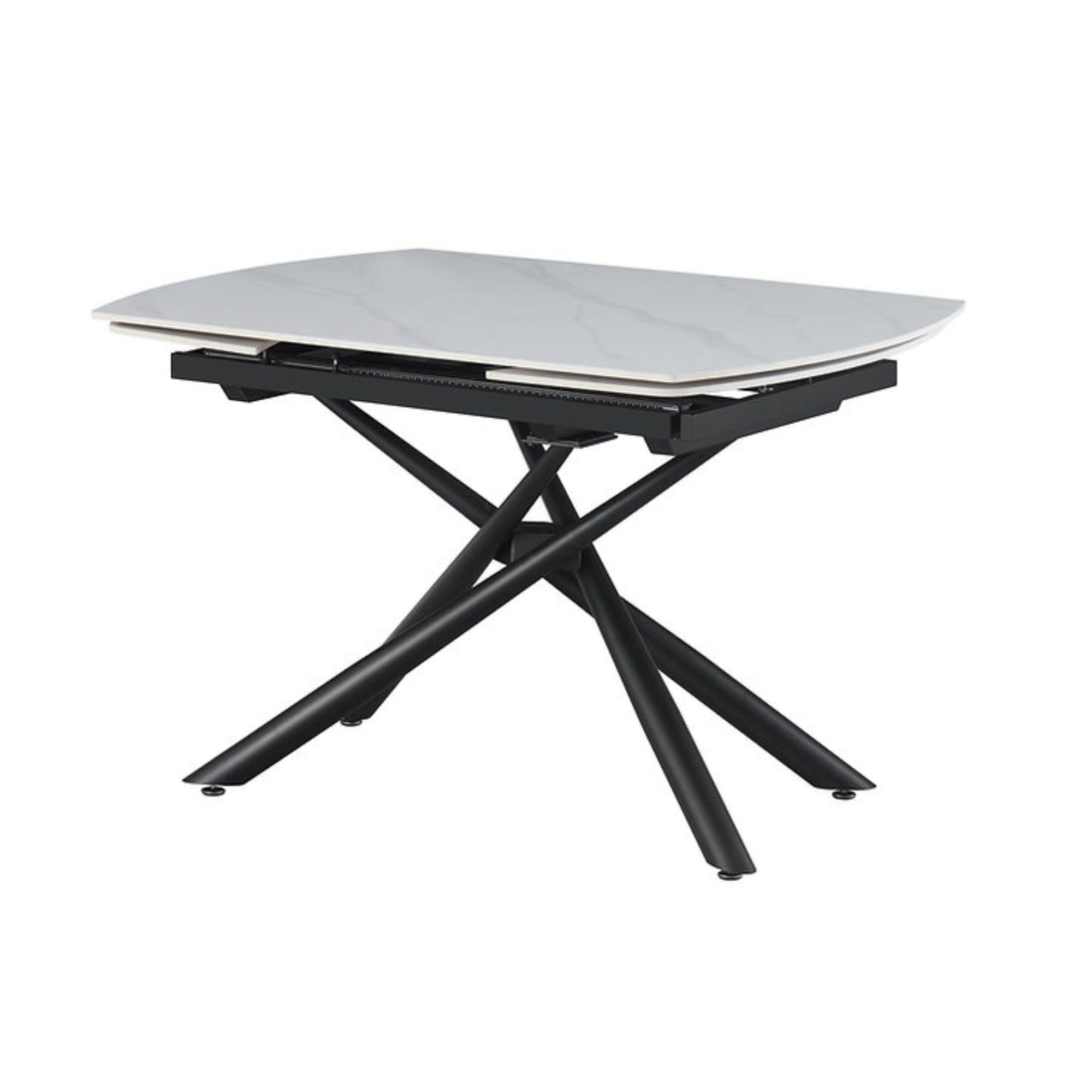 Sintered stone extending dining table by IFF with snowy white marble finish, showcasing its sleek, modern design and extendable surface.